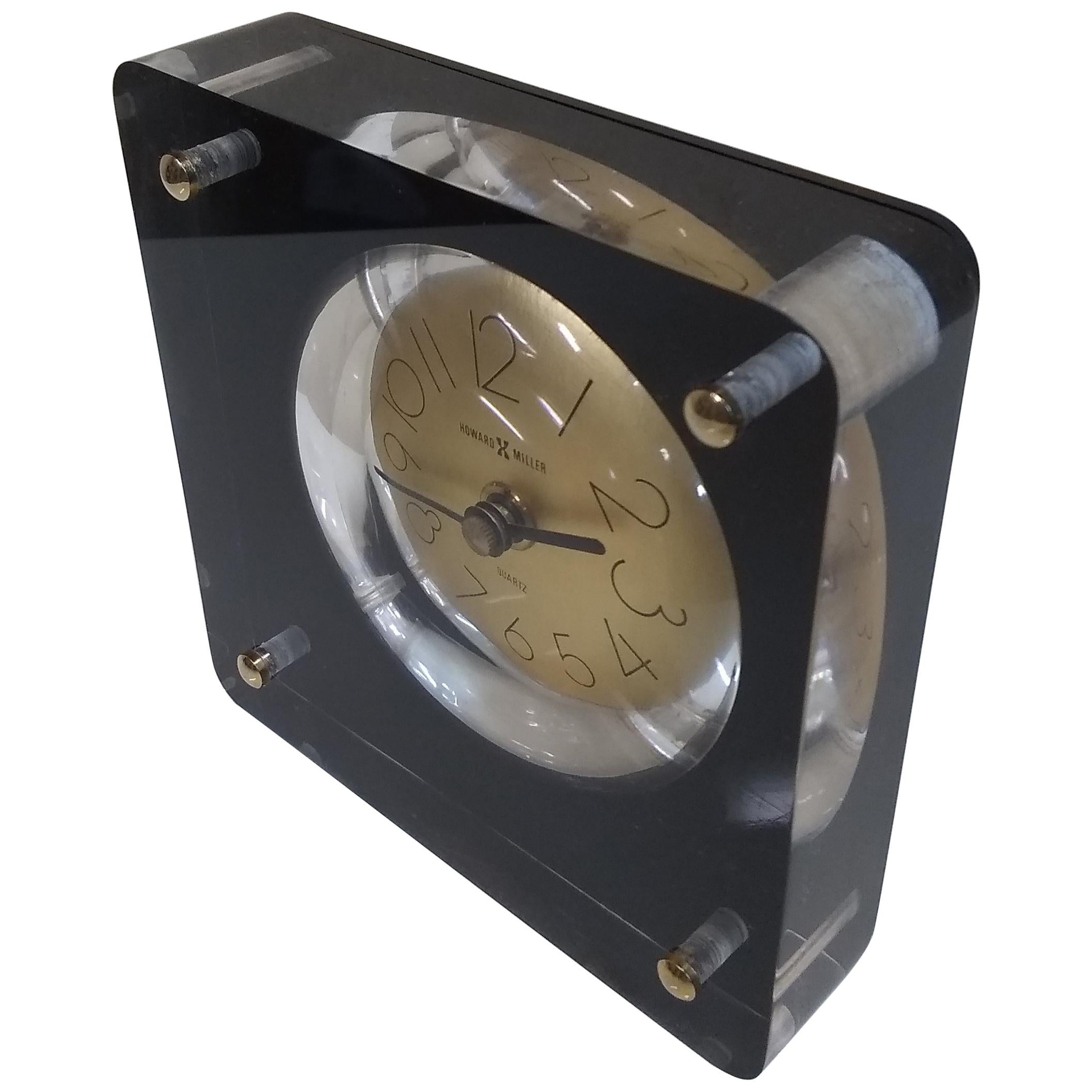 1970s Howard Miller Table Desk Clock in Lucite Block with Gold Dial