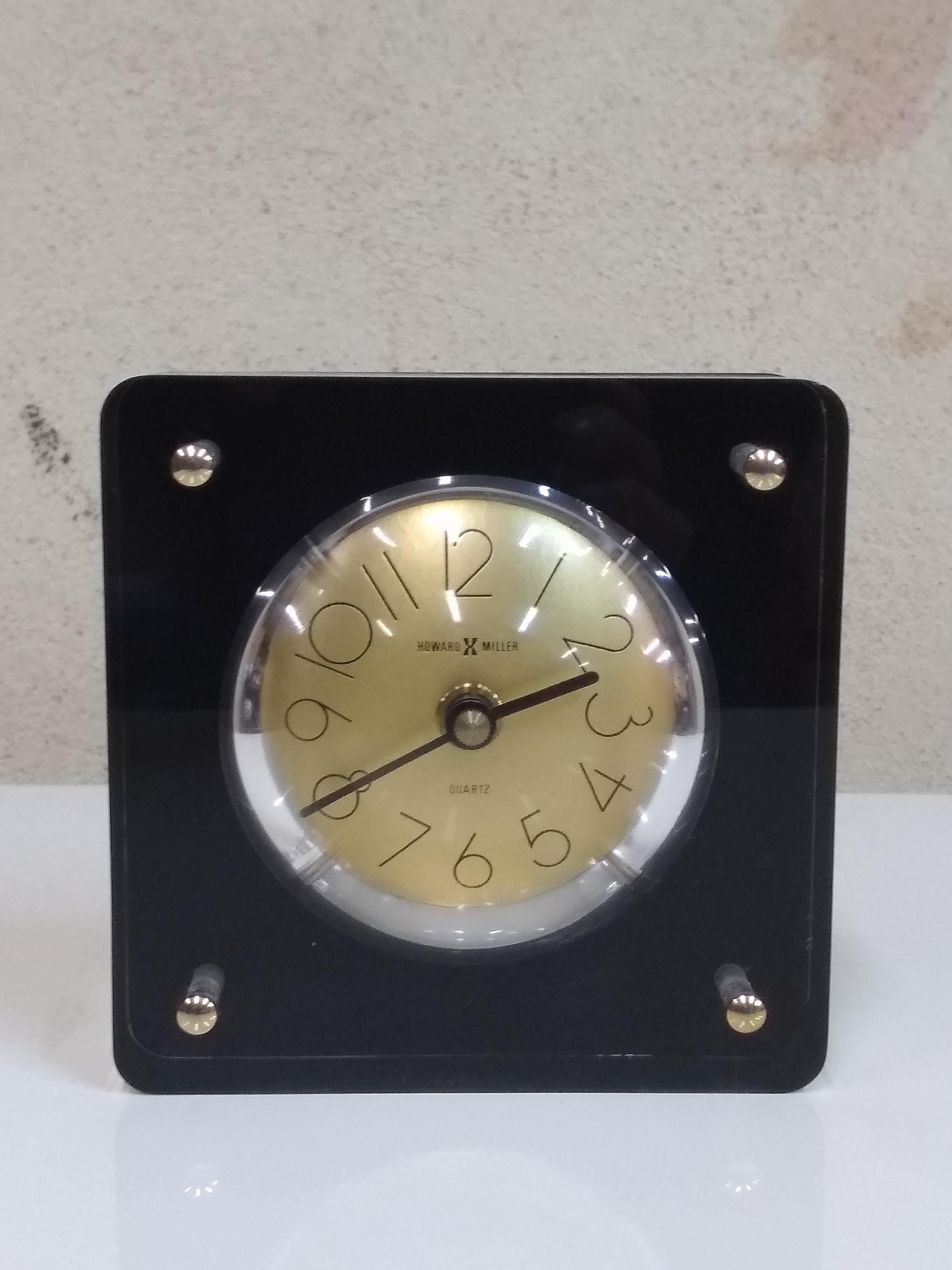 Mid-Century Modern 1970s Howard Miller Table Desk Clock in Lucite Block with Gold Dial