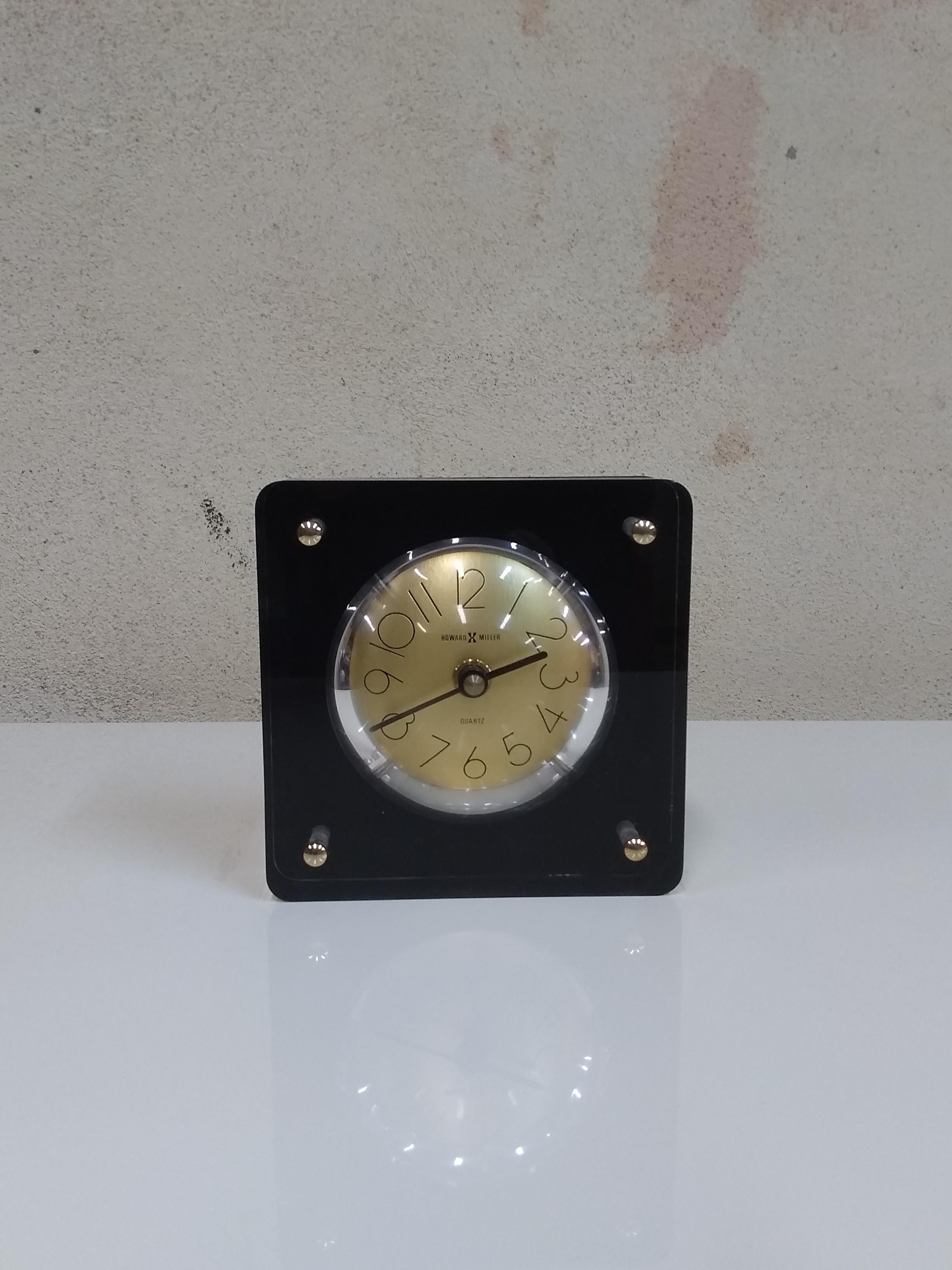 American 1970s Howard Miller Table Desk Clock in Lucite Block with Gold Dial