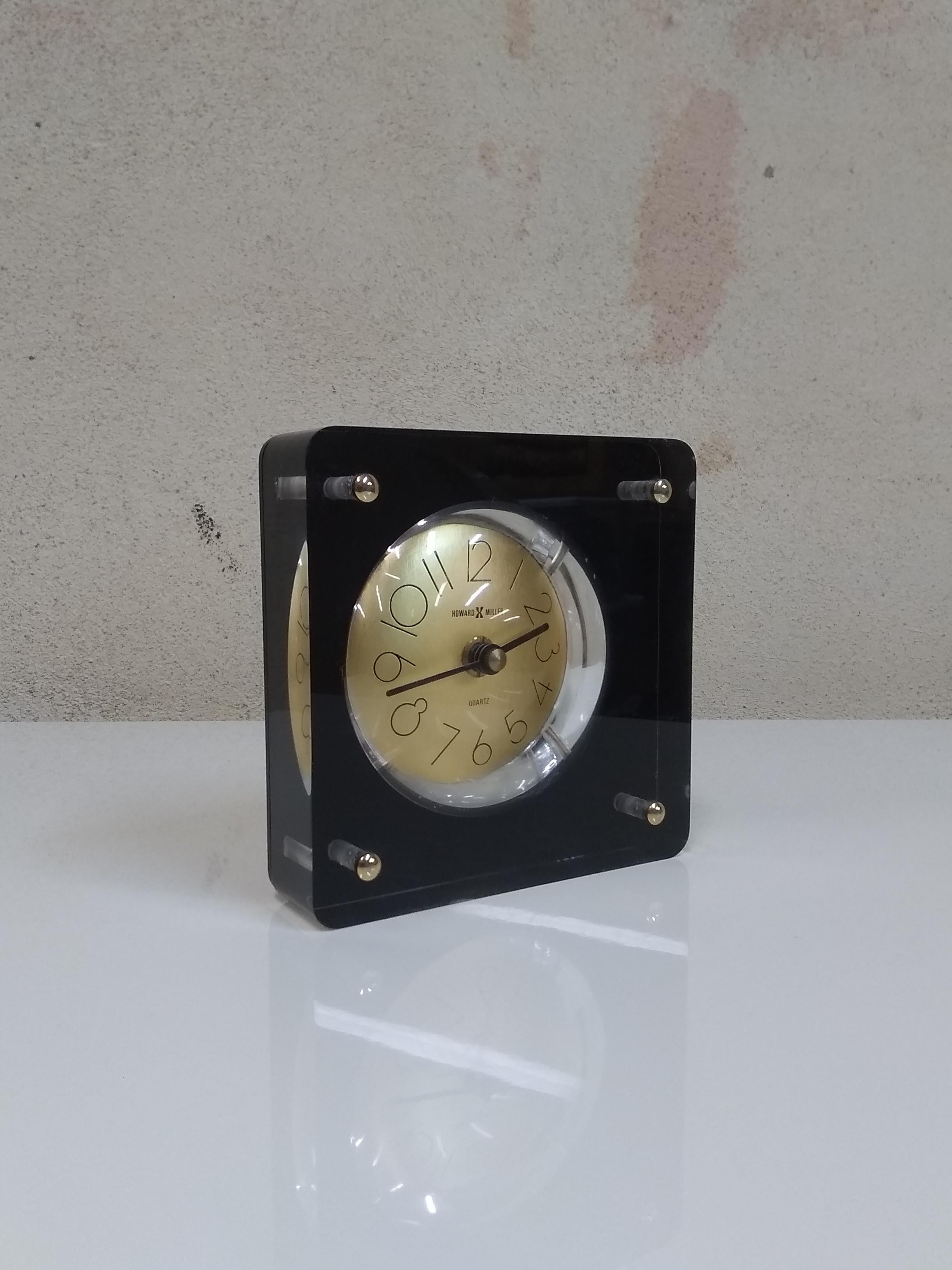 Brass 1970s Howard Miller Table Desk Clock in Lucite Block with Gold Dial
