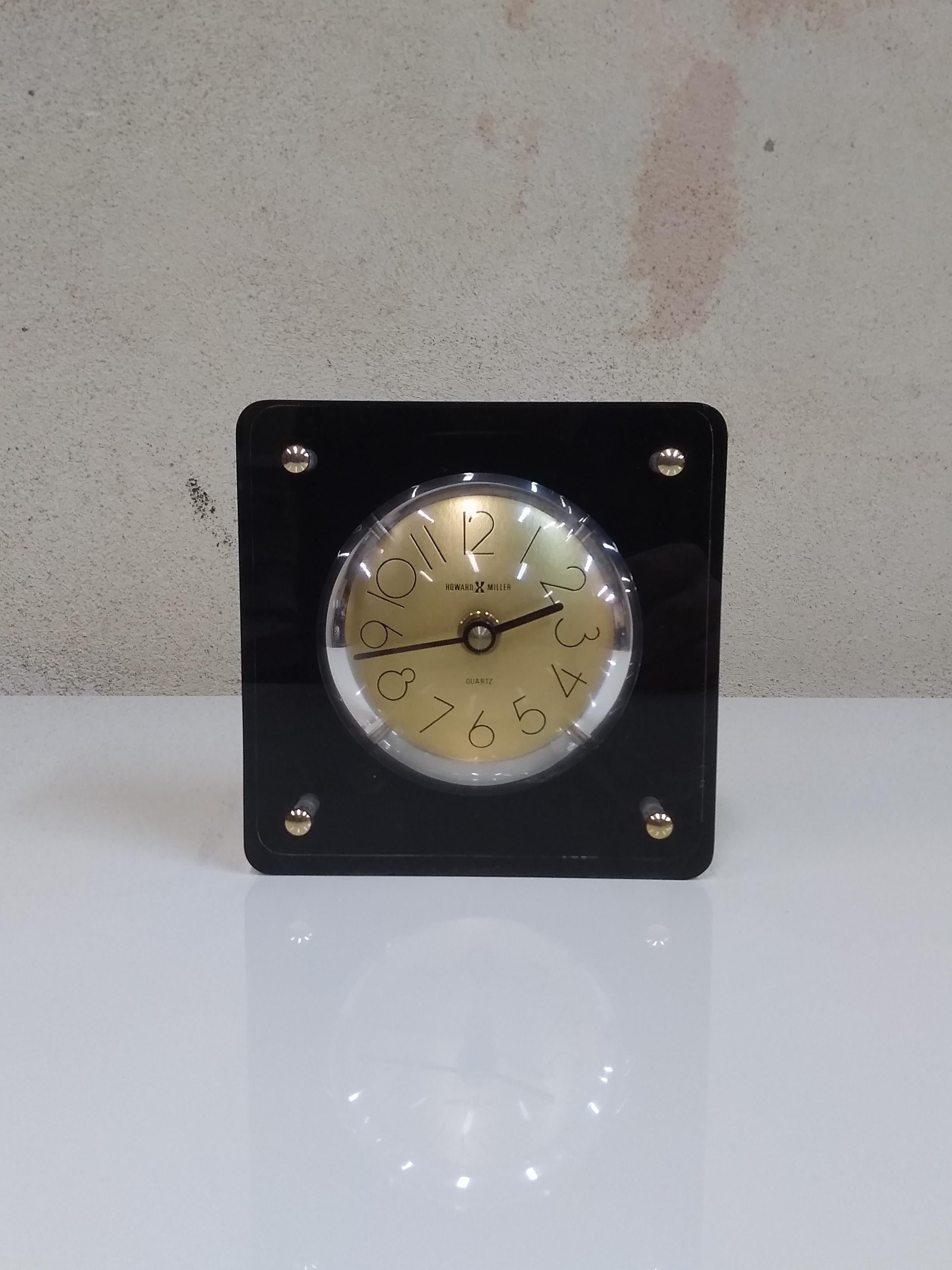 1970s Howard Miller Table Desk Clock in Lucite Block with Gold Dial 1