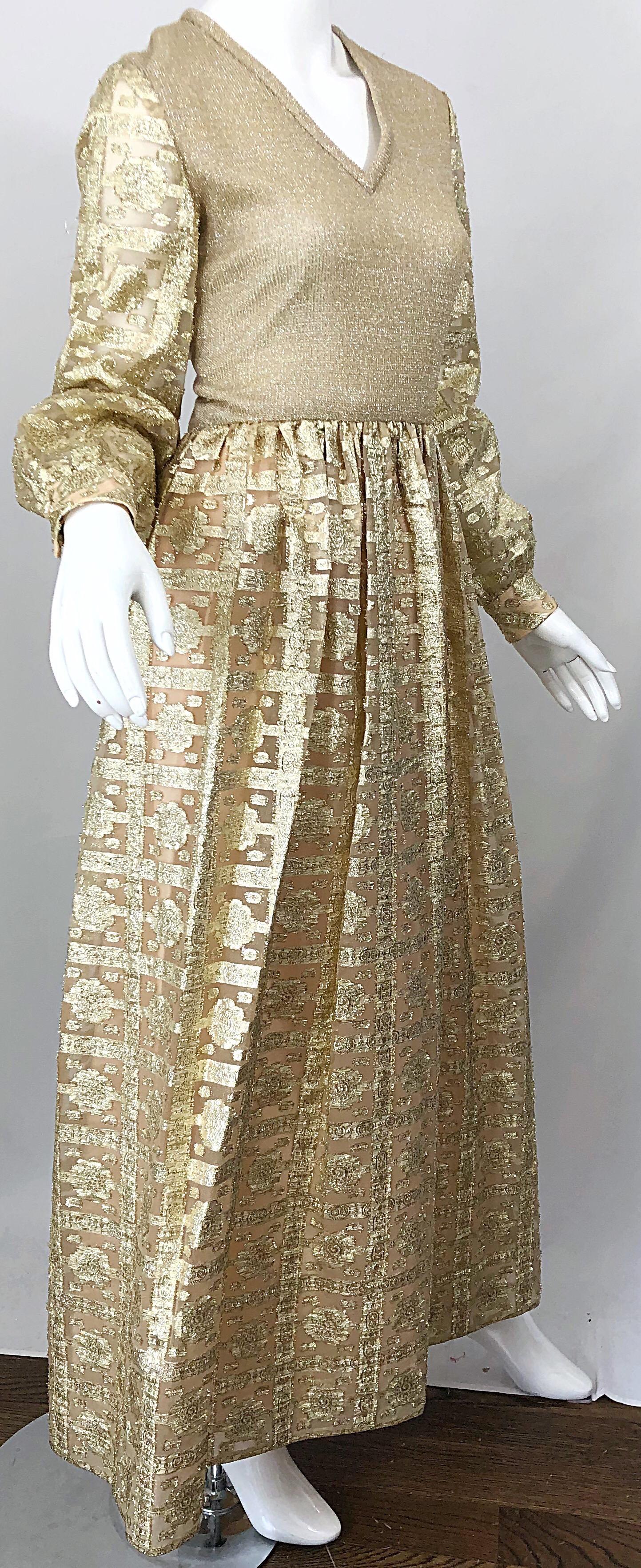 1970s Huey Waltzer for Mannequin Gold Metallic Knit + Silk Vintage Maxi Dress For Sale 2