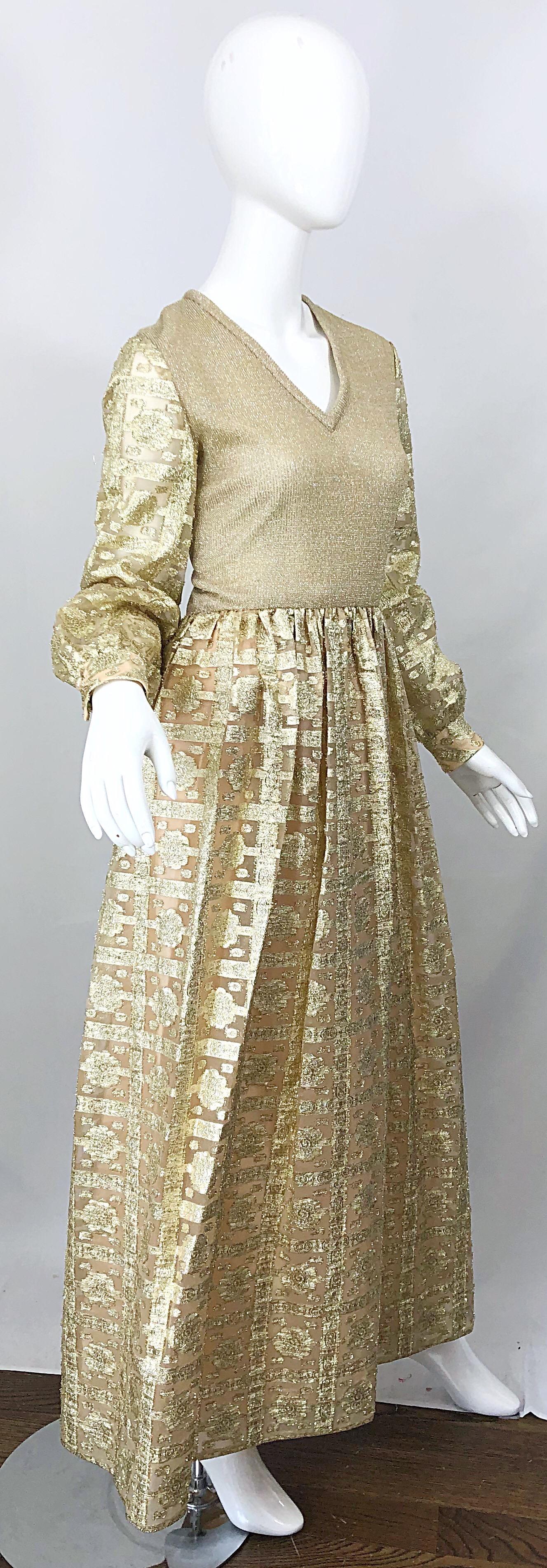 1970s Huey Waltzer for Mannequin Gold Metallic Knit + Silk Vintage Maxi Dress For Sale 6