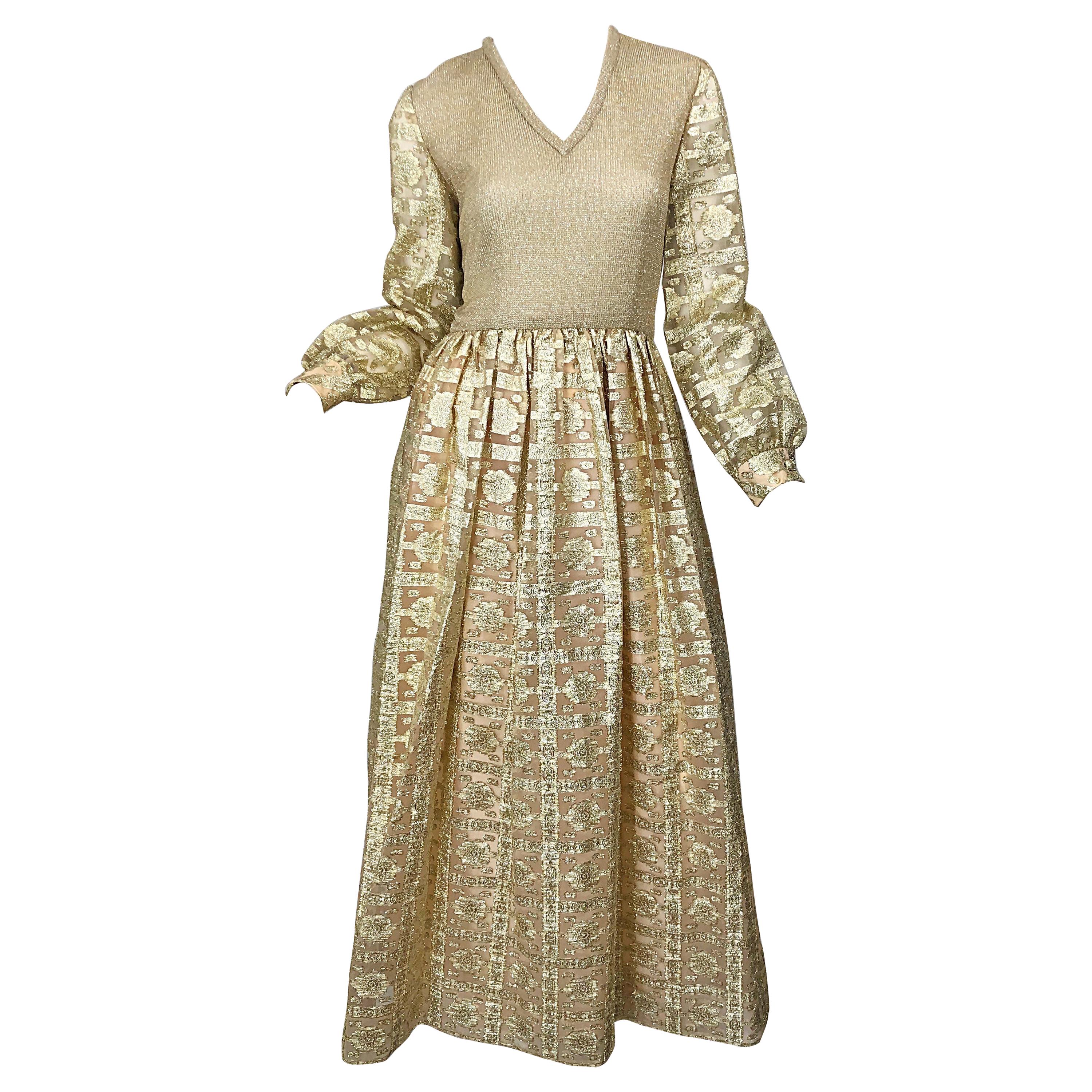 1970s Huey Waltzer for Mannequin Gold Metallic Knit + Silk Vintage Maxi Dress For Sale