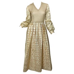 1970s Huey Waltzer for Mannequin Gold Metallic Knit + Silk Retro Maxi Dress