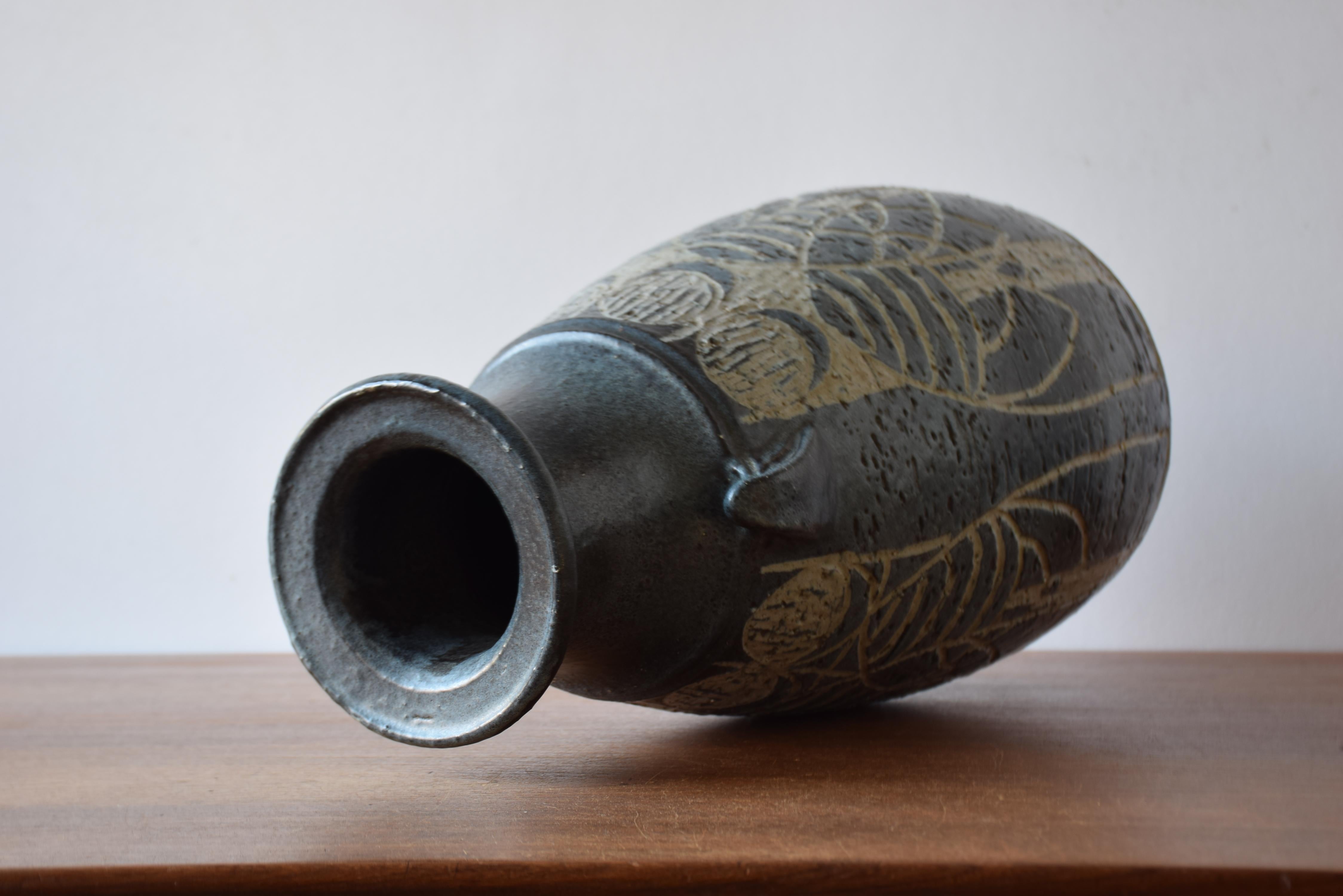 1970s Huge Brutalist Danish Sejer Unic Sculptural Ceramic Floor Vase Blue Grey For Sale 4