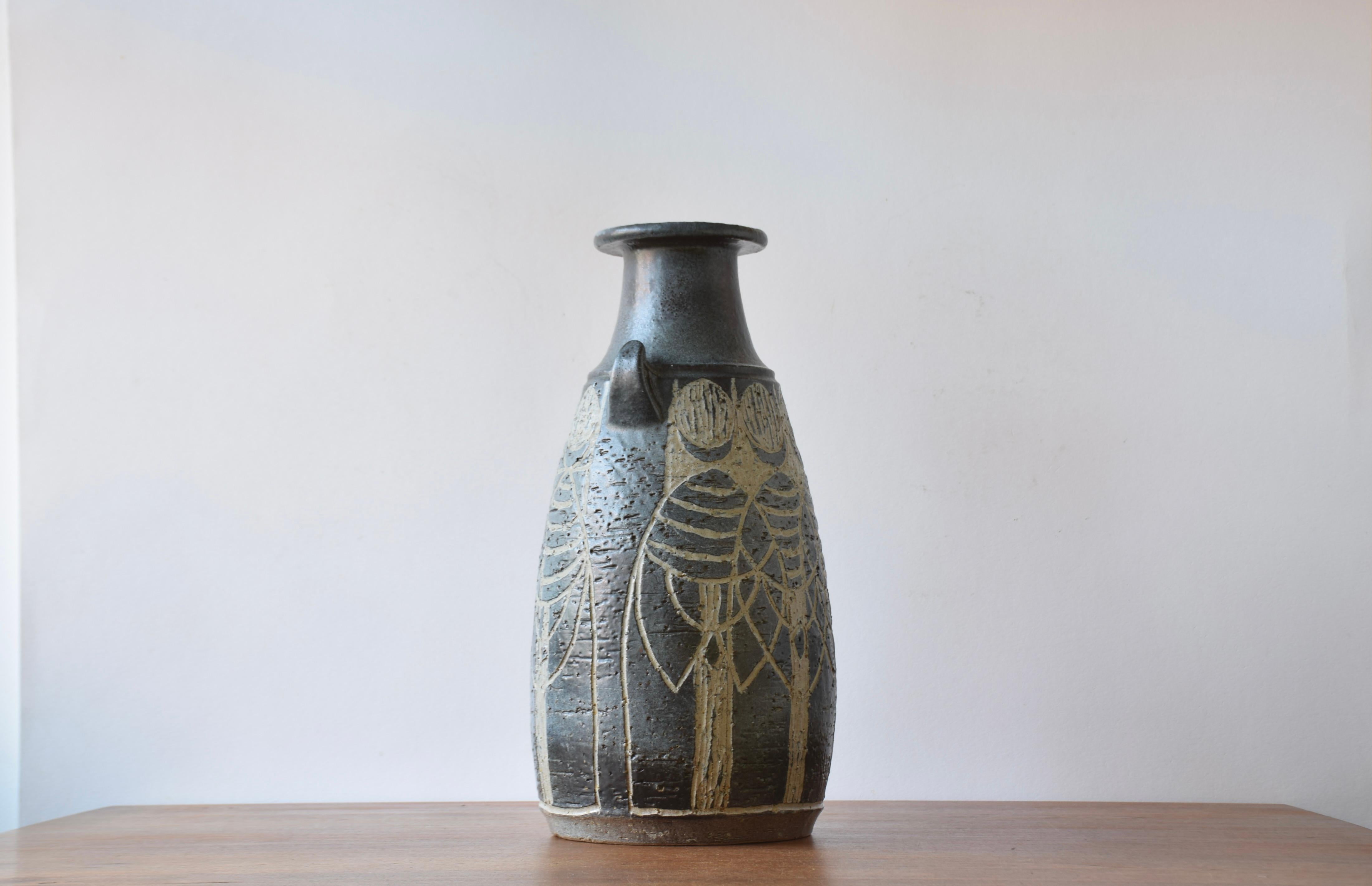 Scandinavian Modern 1970s Huge Brutalist Danish Sejer Unic Sculptural Ceramic Floor Vase Blue Grey For Sale