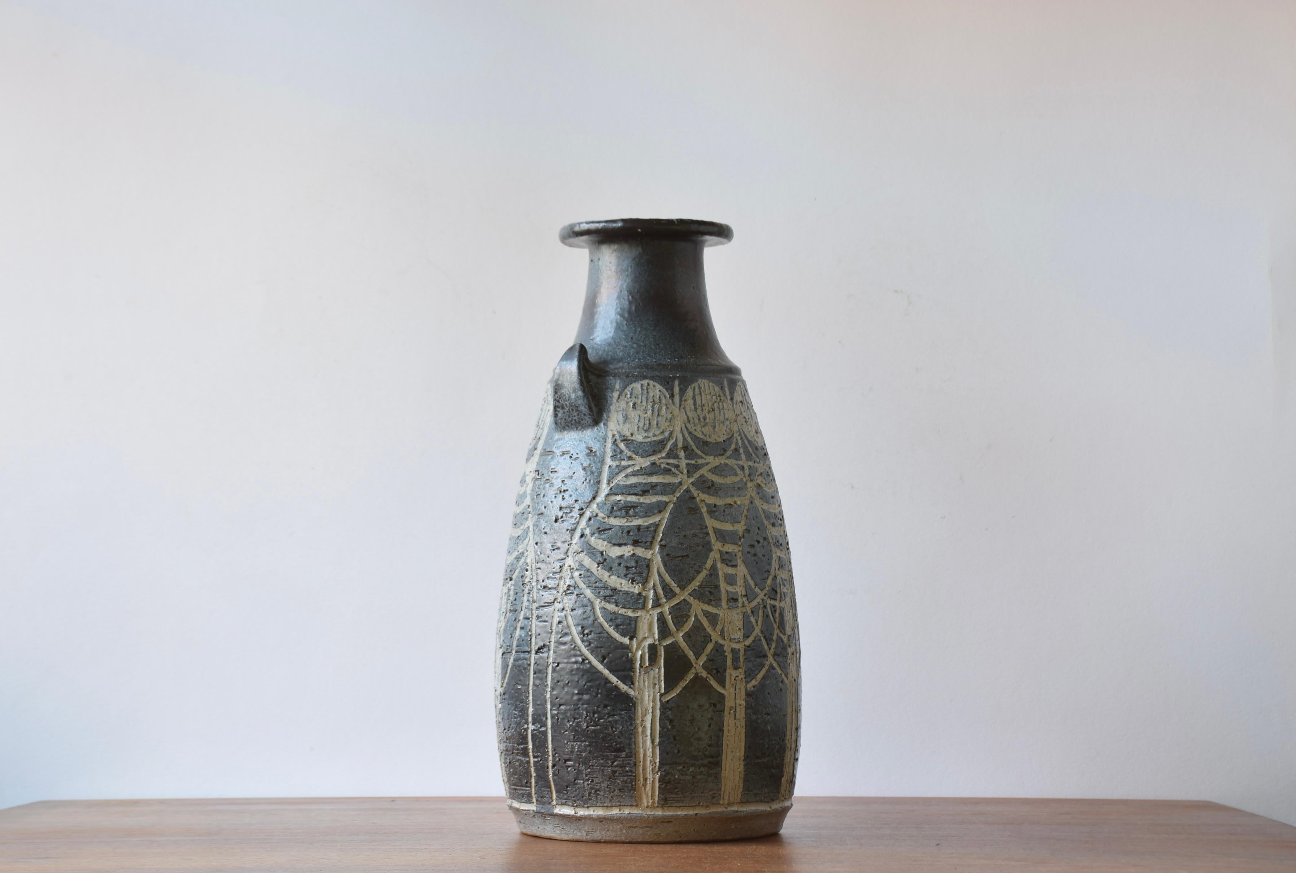 1970s Huge Brutalist Danish Sejer Unic Sculptural Ceramic Floor Vase Blue Grey In Good Condition For Sale In Silkeborg, Silkeborg