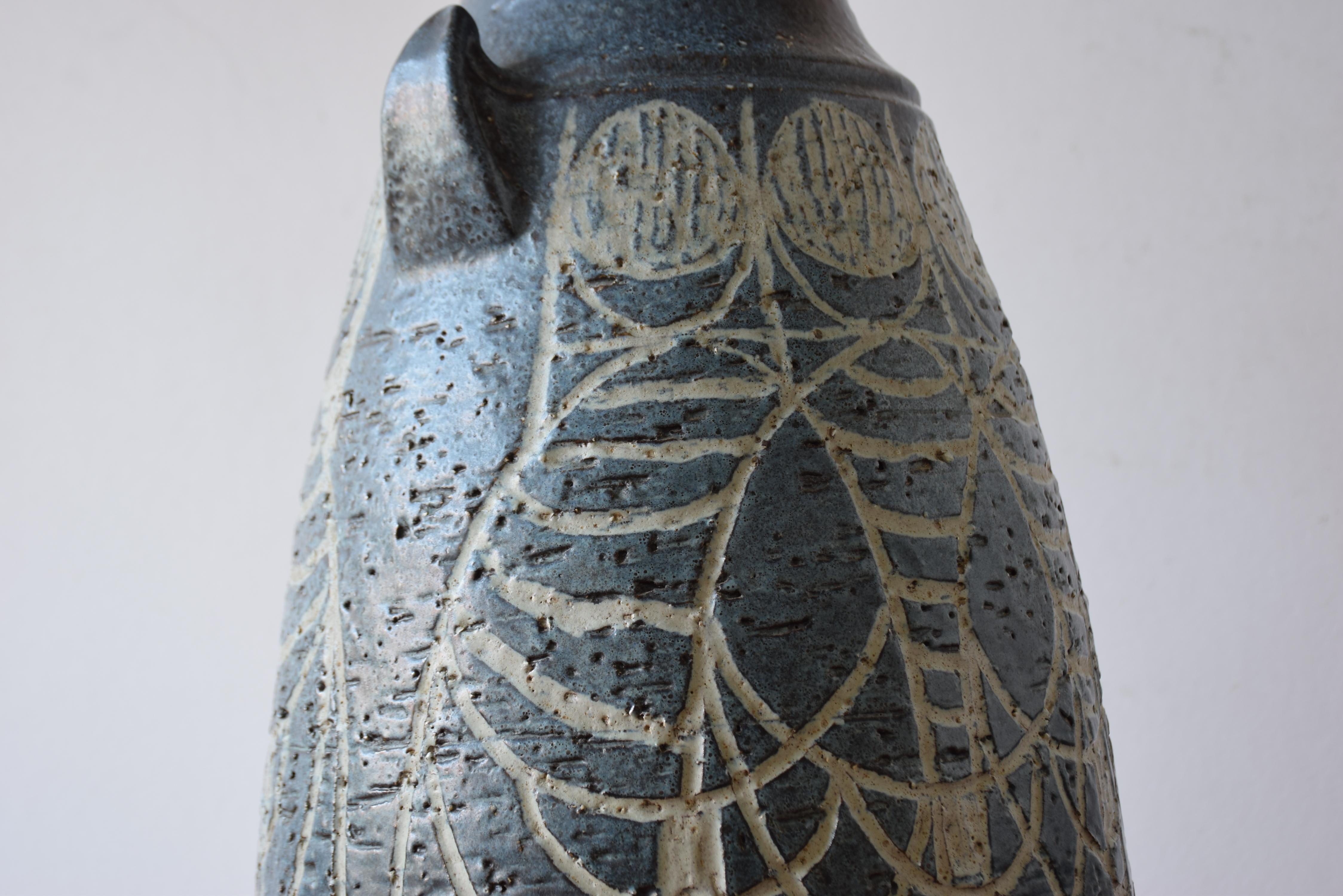 20th Century 1970s Huge Brutalist Danish Sejer Unic Sculptural Ceramic Floor Vase Blue Grey For Sale