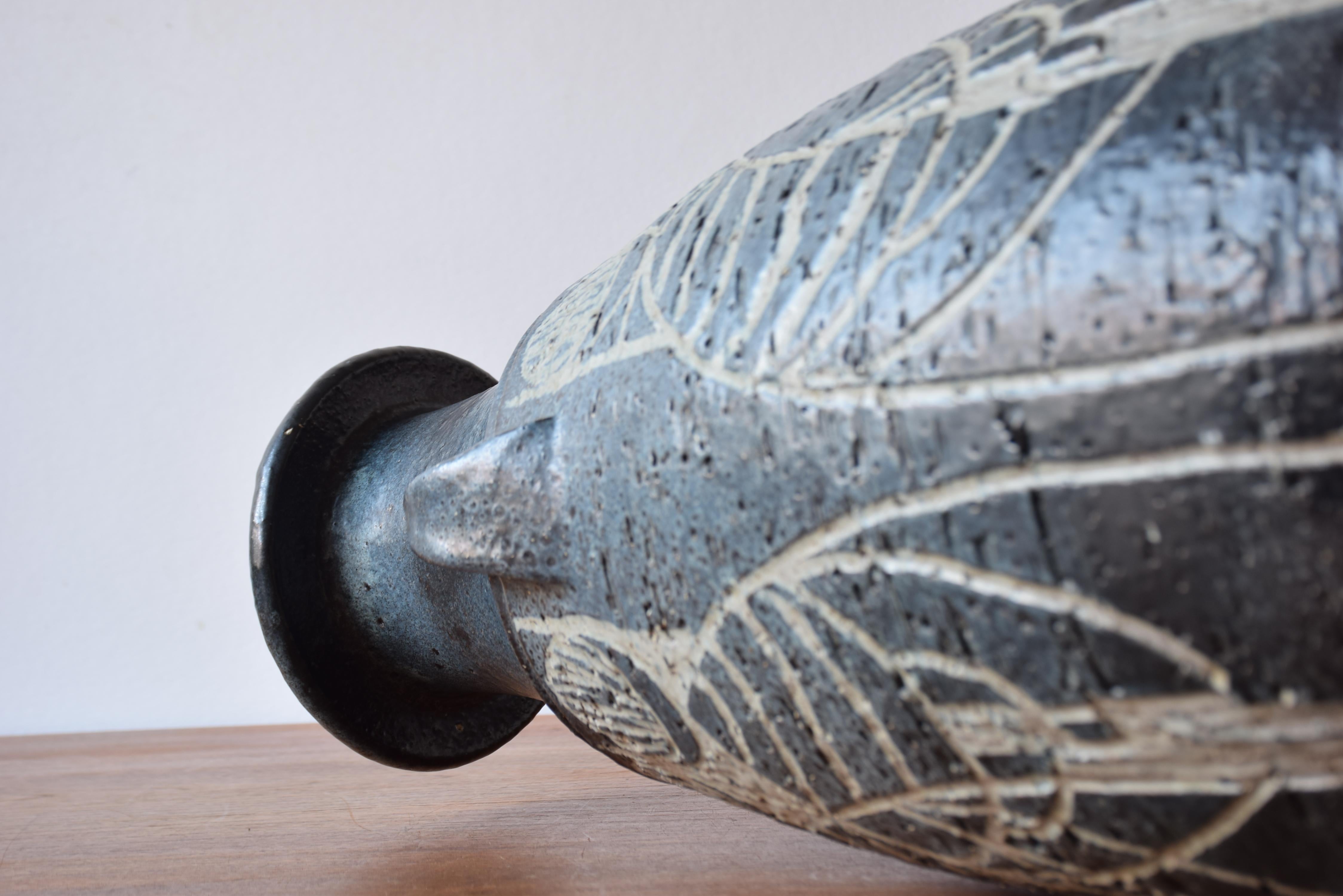 1970s Huge Brutalist Danish Sejer Unic Sculptural Ceramic Floor Vase Blue Grey For Sale 2