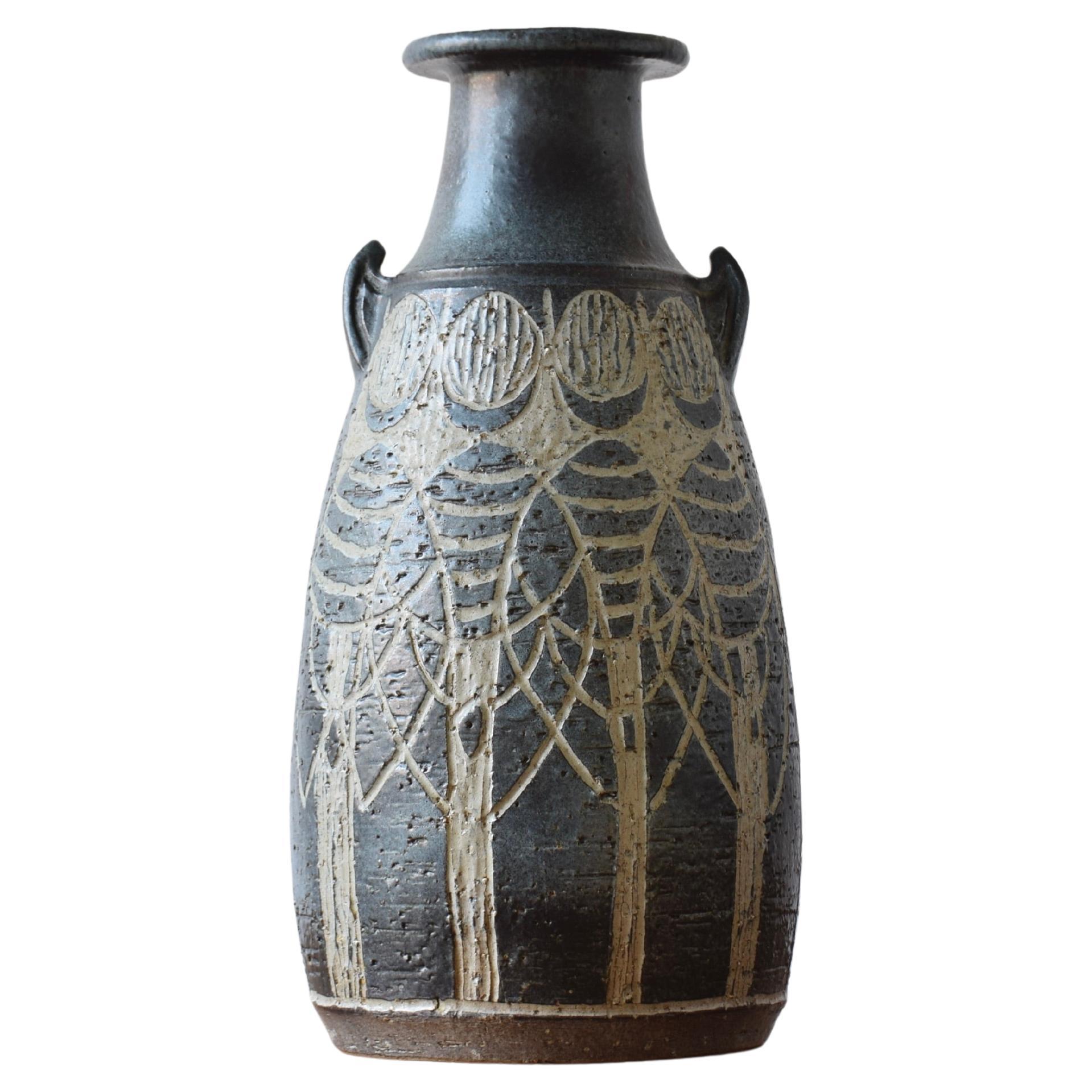 1970s Huge Brutalist Danish Sejer Unic Sculptural Ceramic Floor Vase Blue Grey