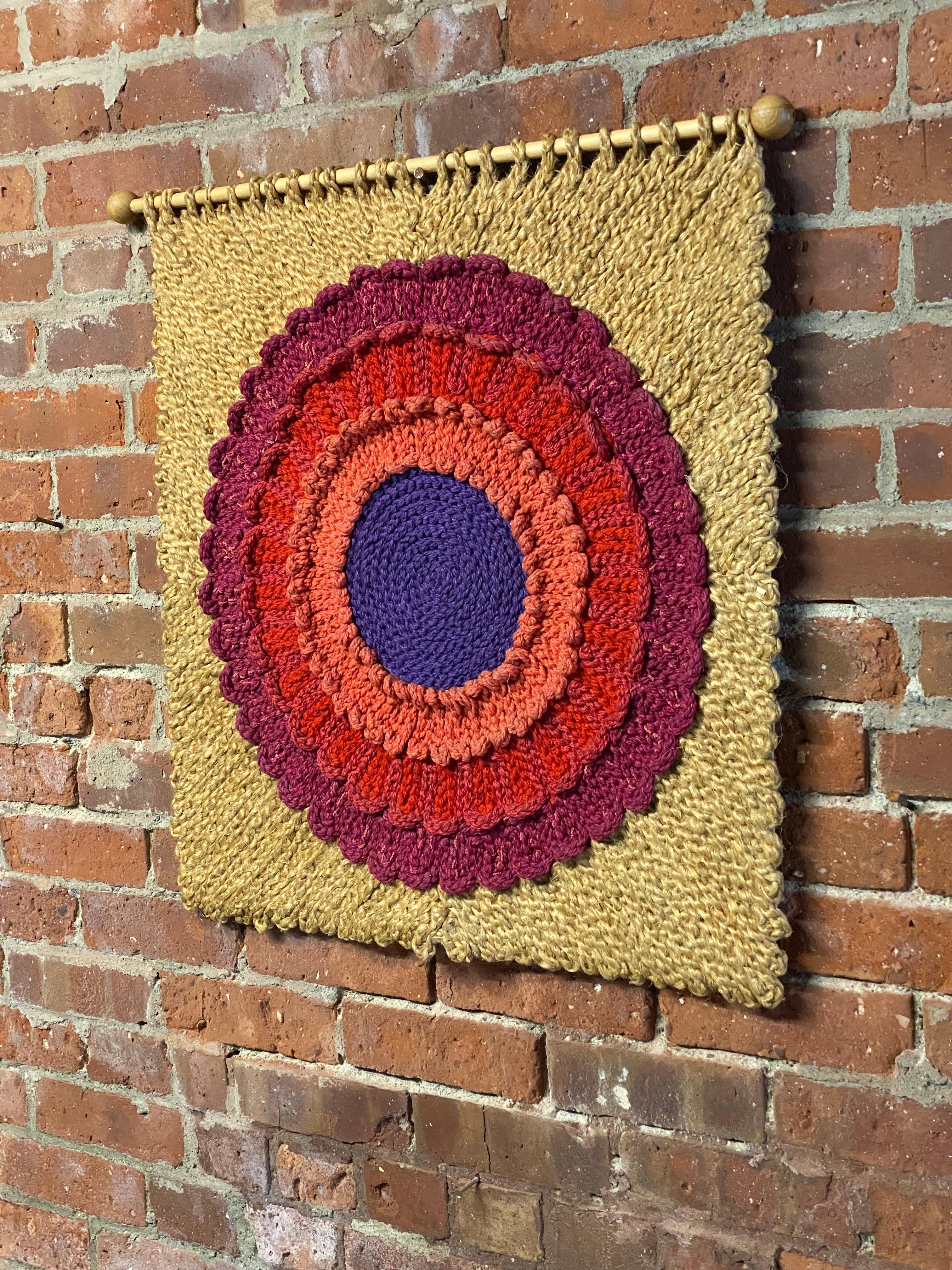 1970s Hungarian Daisy Tapestry Fiber Art and Wool Wall Hanging In Good Condition In Garnerville, NY