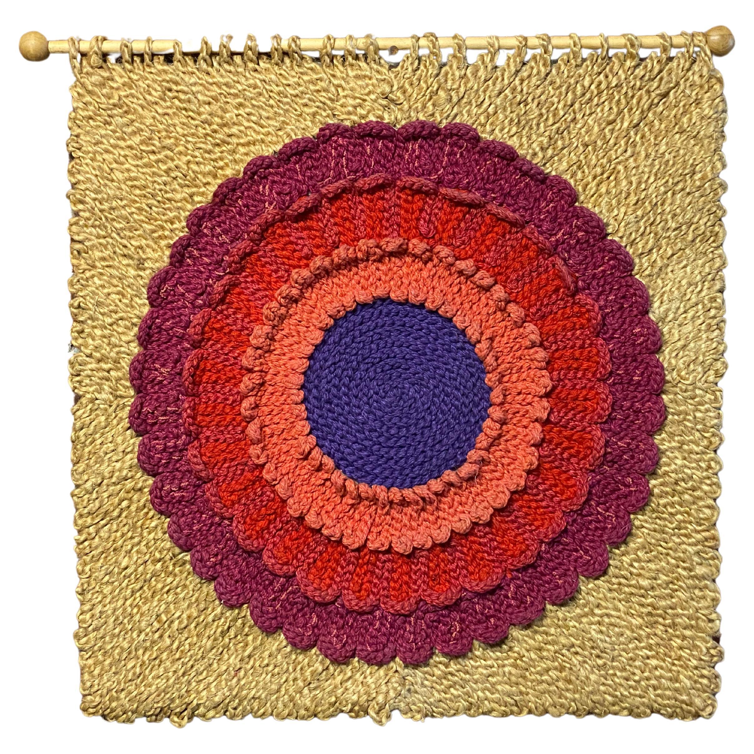 1970s Hungarian Daisy Tapestry Fiber Art and Wool Wall Hanging For Sale