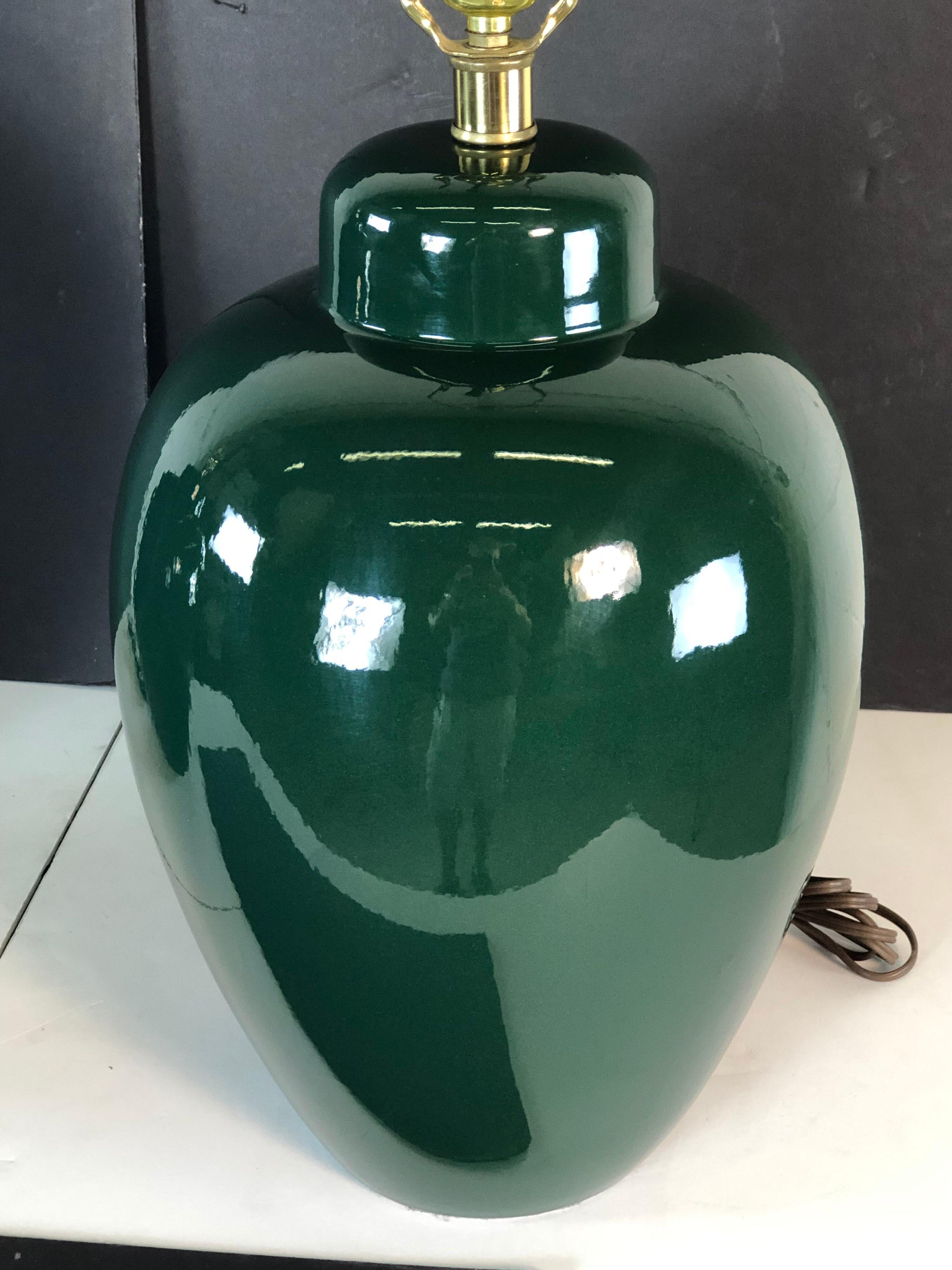 American 1970s Hunter Green Ceramic Barrel Table Lamps, Pair