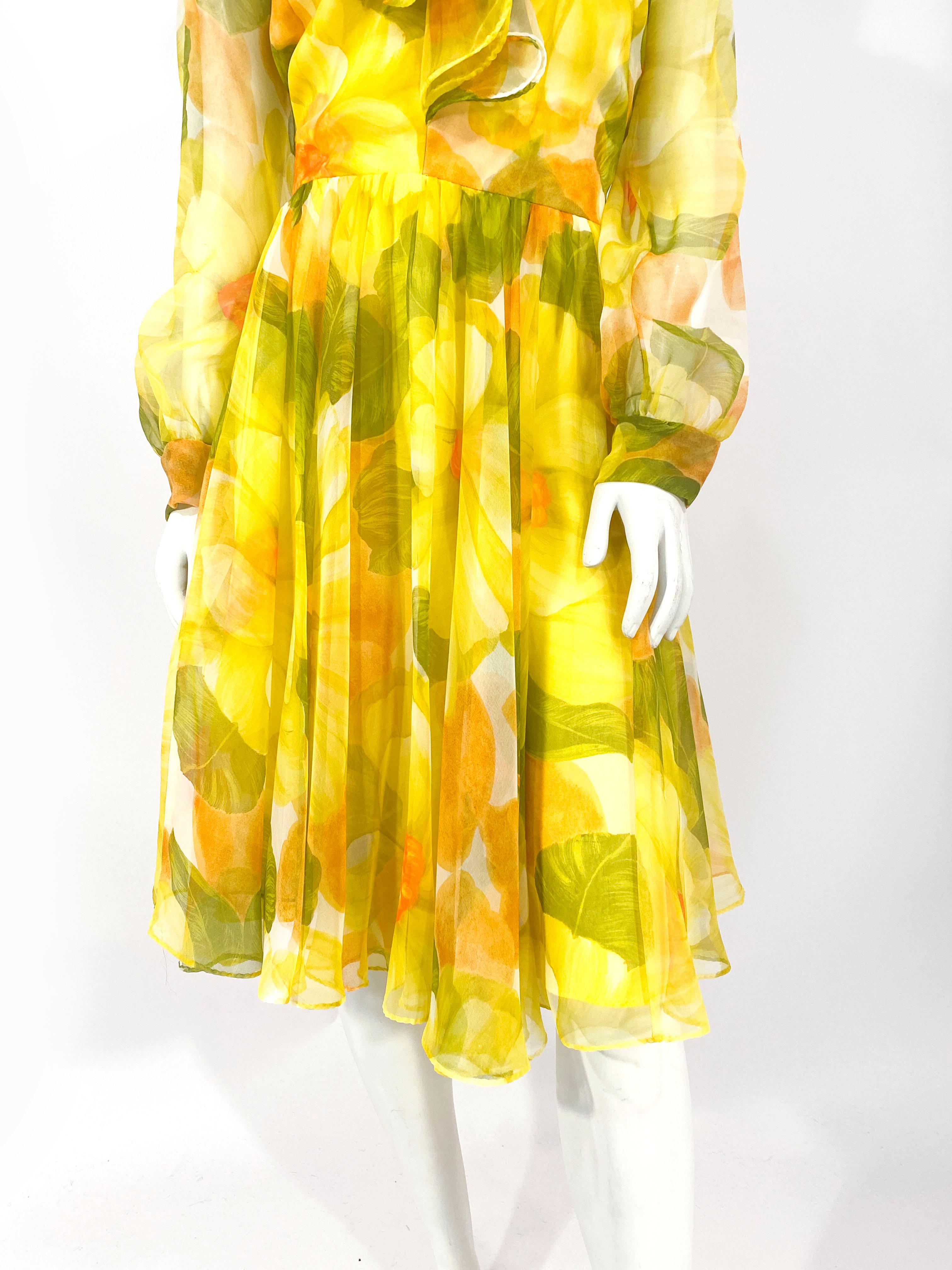 Yellow 1970s I. Magnin Floral Printed and Ruffled Day Dress