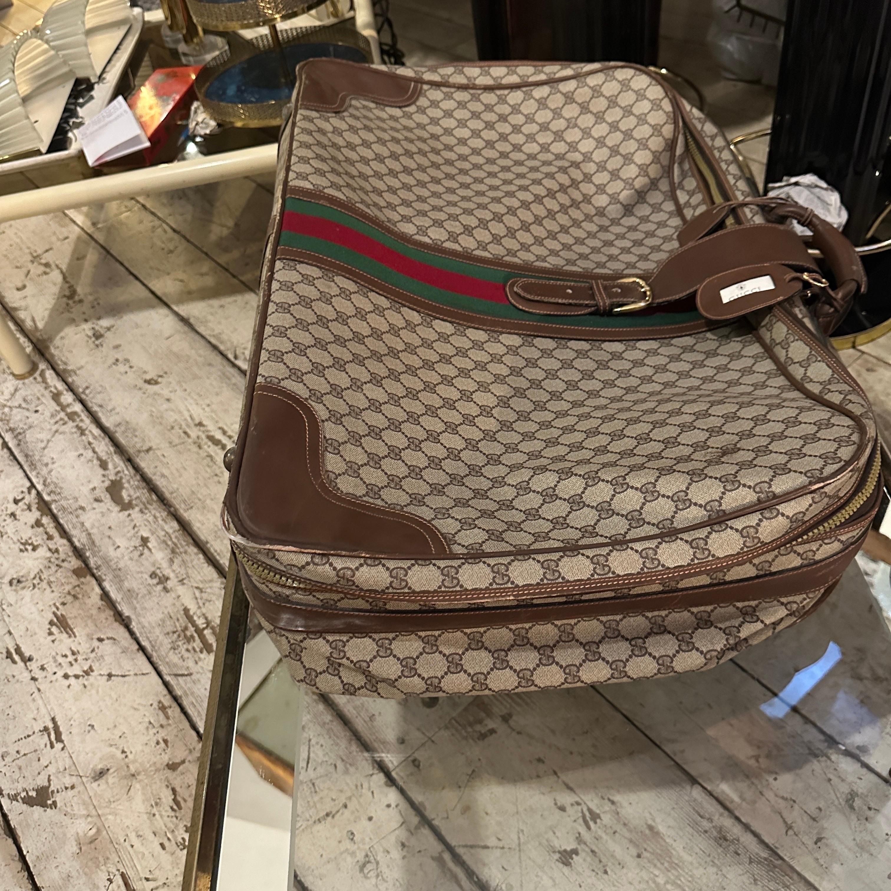 Gray 1970s Iconic Beige and Brown Canvas Suitcase by Gucci For Sale
