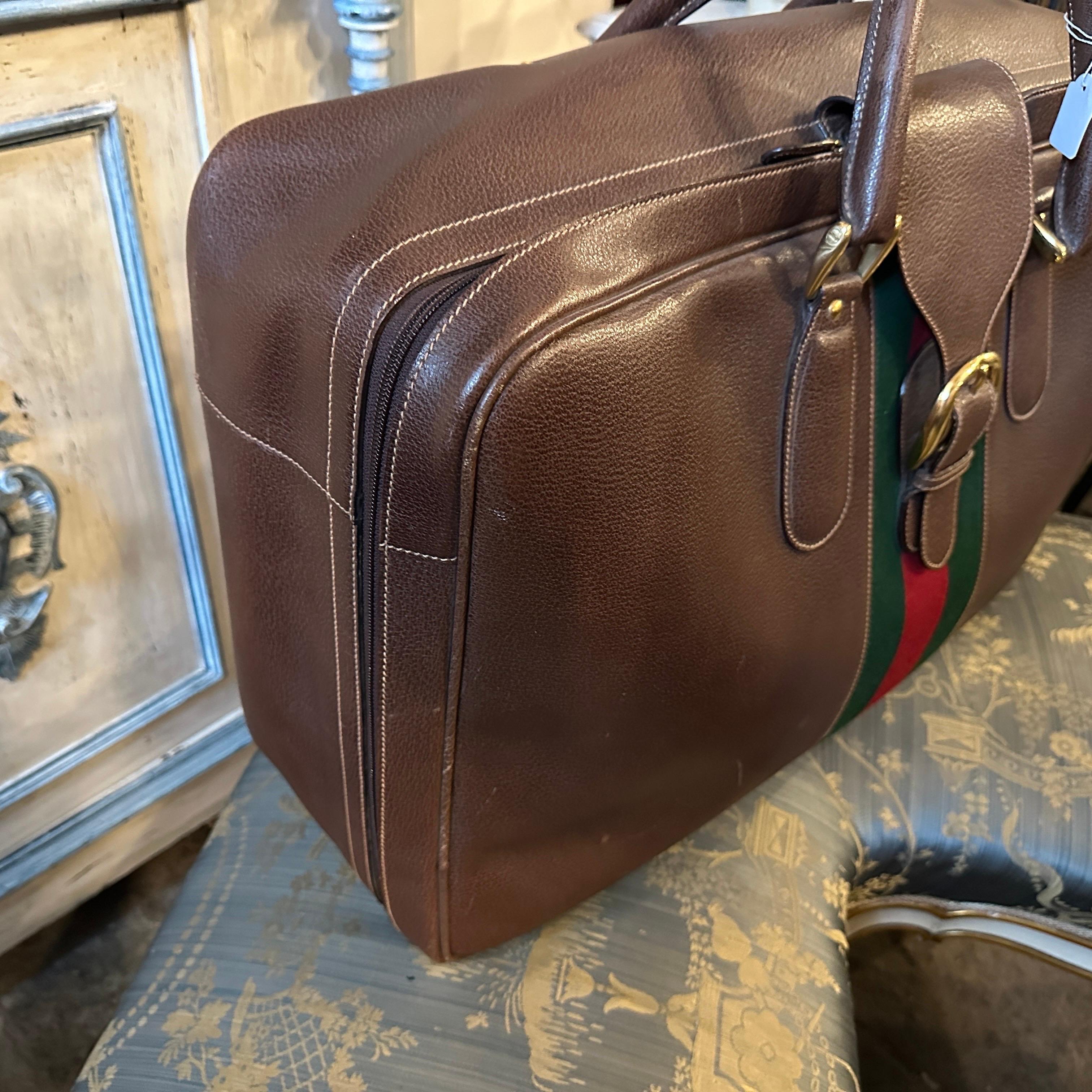 1970s Iconic Brown Leather and Red and Green Web Stripe Suitcase by Gucci For Sale 5