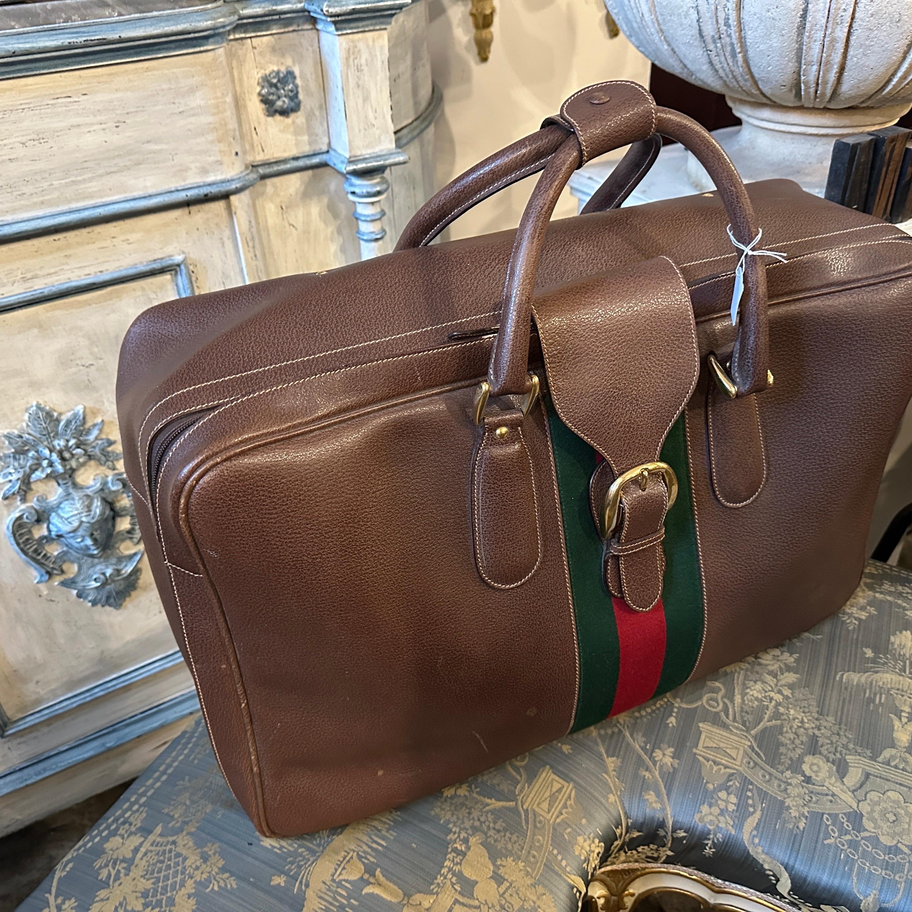 1970s Iconic Brown Leather and Red and Green Web Stripe Suitcase by Gucci For Sale 6
