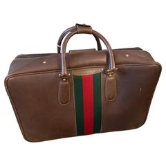 1970s Iconic Brown Leather and Red and Green Web Stripe Suitcase by Gucci