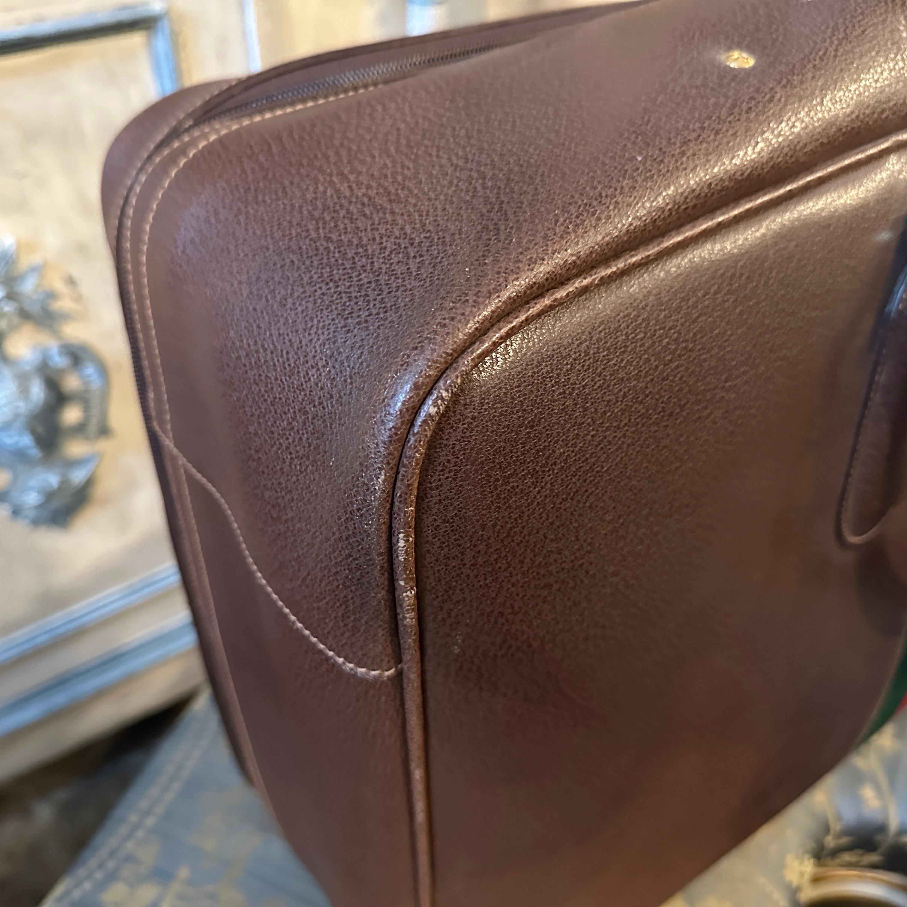 Women's or Men's 1970s Iconic Brown Leather and Red and Green Web Stripe Suitcase by Gucci For Sale