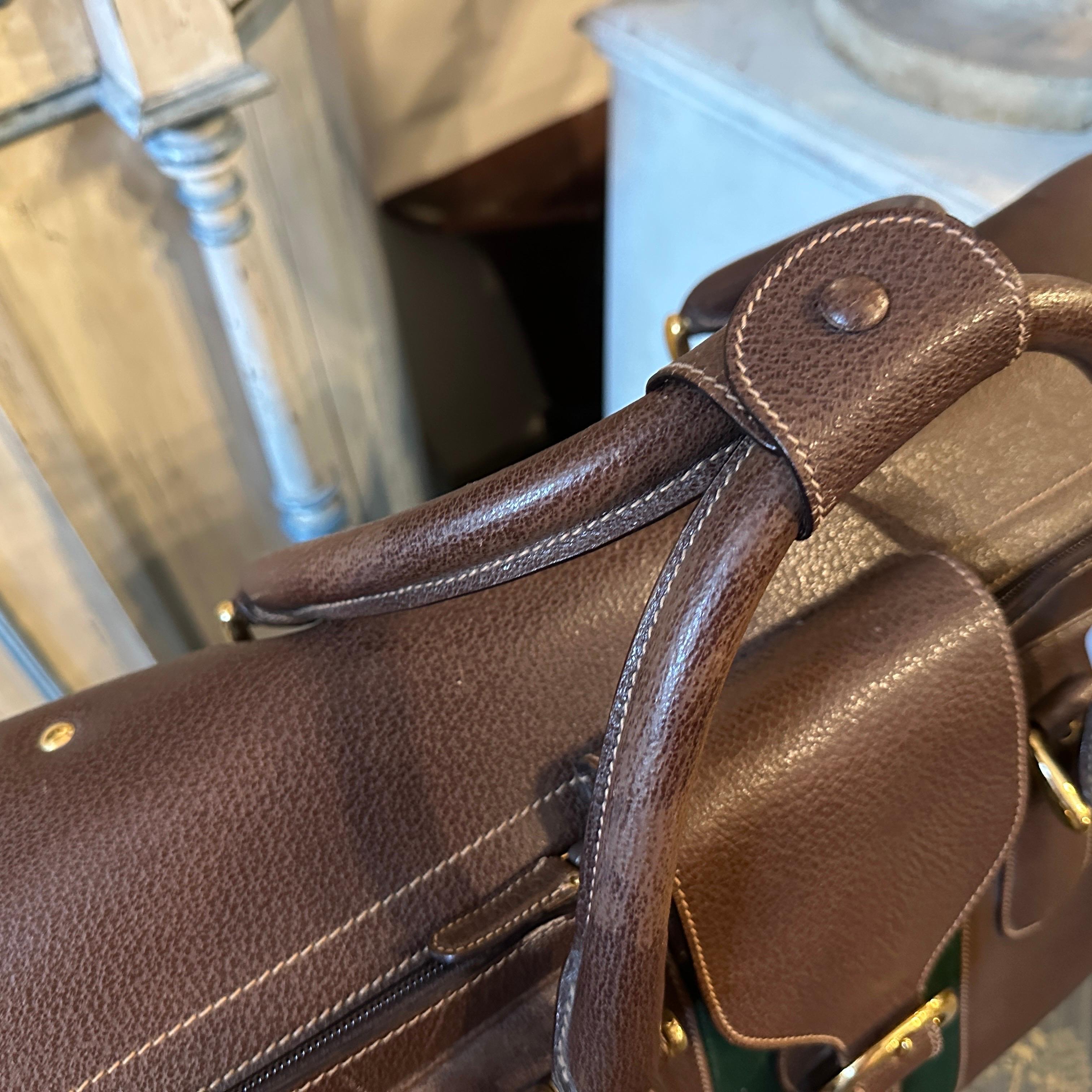 1970s Iconic Brown Leather and Red and Green Web Stripe Suitcase by Gucci For Sale 2