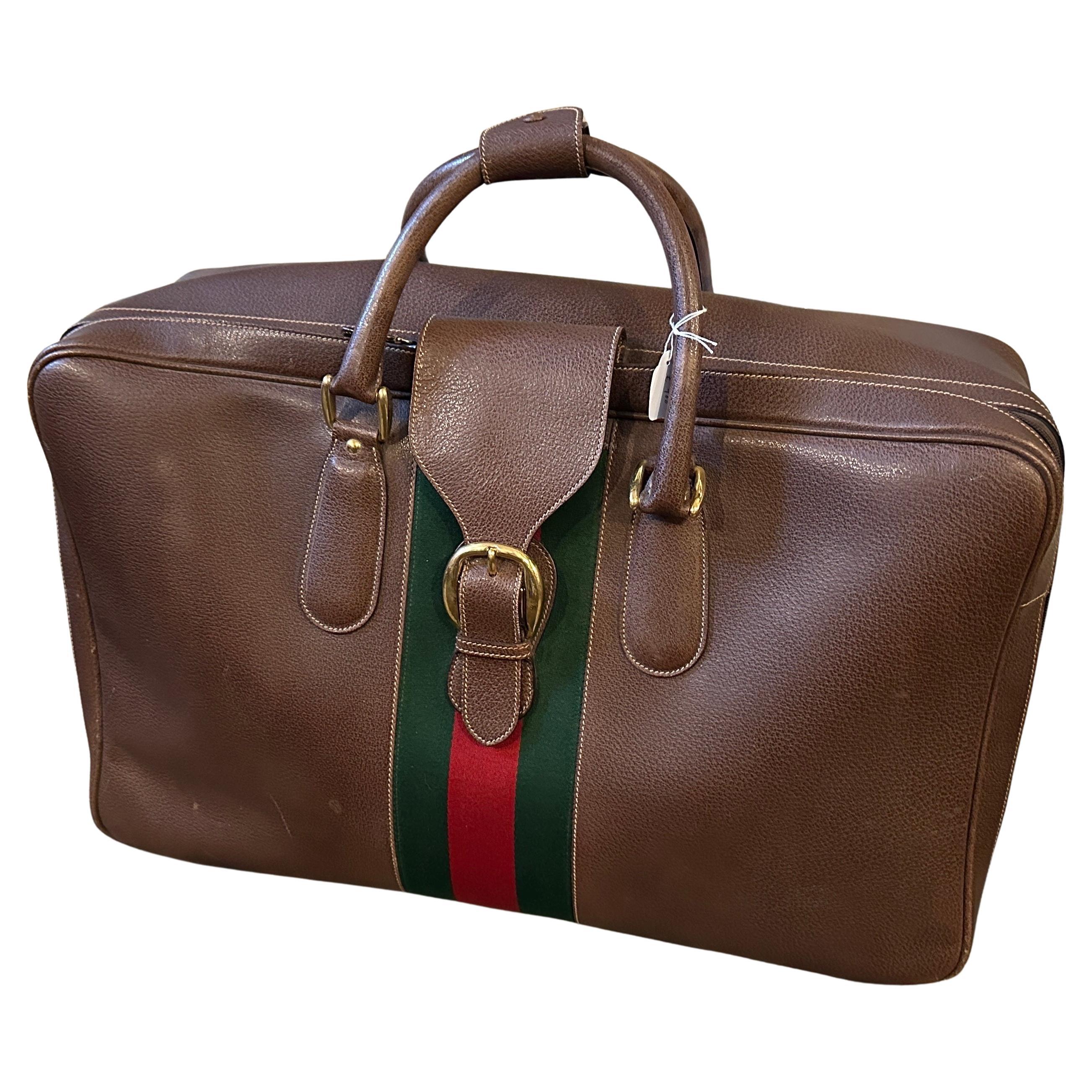 1970s Iconic Brown Leather and Red and Green Web Stripe Suitcase by Gucci For Sale
