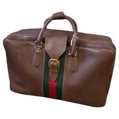 1970s Iconic Brown Leather and Red and Green Web Stripe Suitcase by Gucci