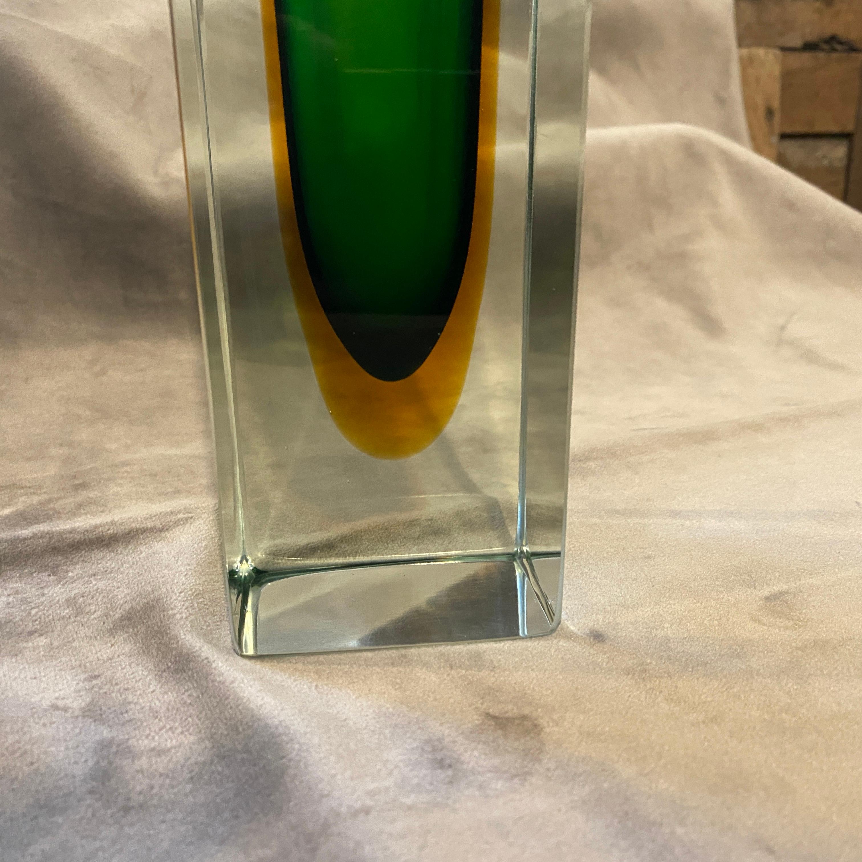 A modernist Murano glass vase made in the Seventies. Yellow and green sommerso glass it has no flaws