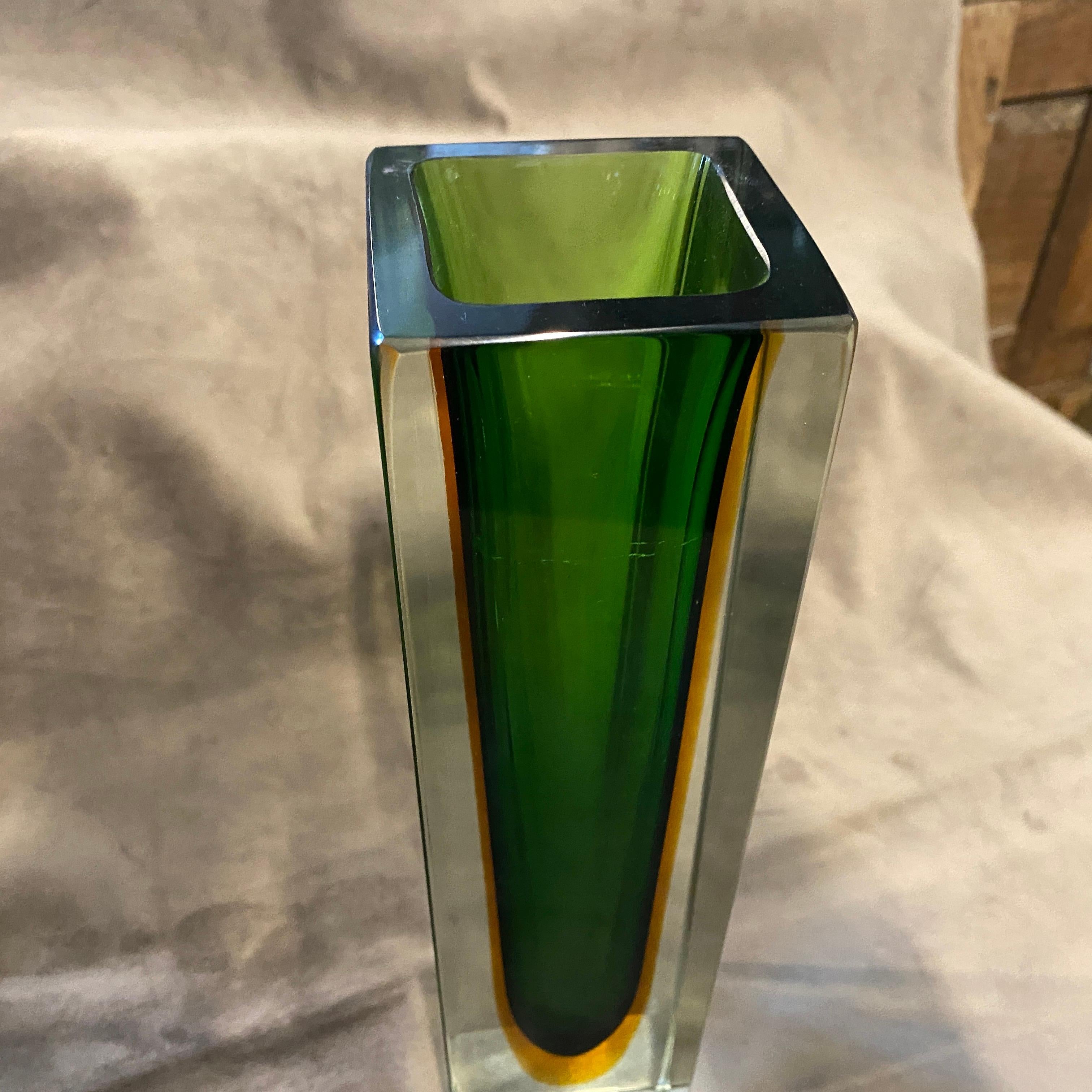 Mid-Century Modern 1970s Iconic Green and Yellow Sommerso Murano Glass Vase by Mandruzzato