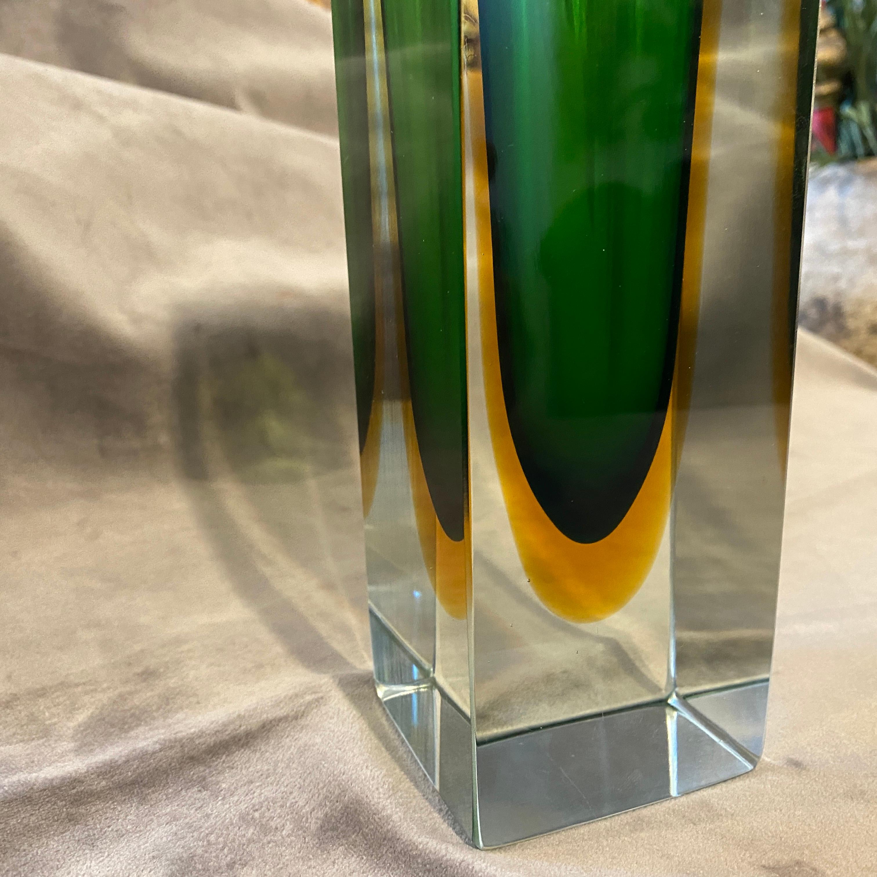 Italian 1970s Iconic Green and Yellow Sommerso Murano Glass Vase by Mandruzzato