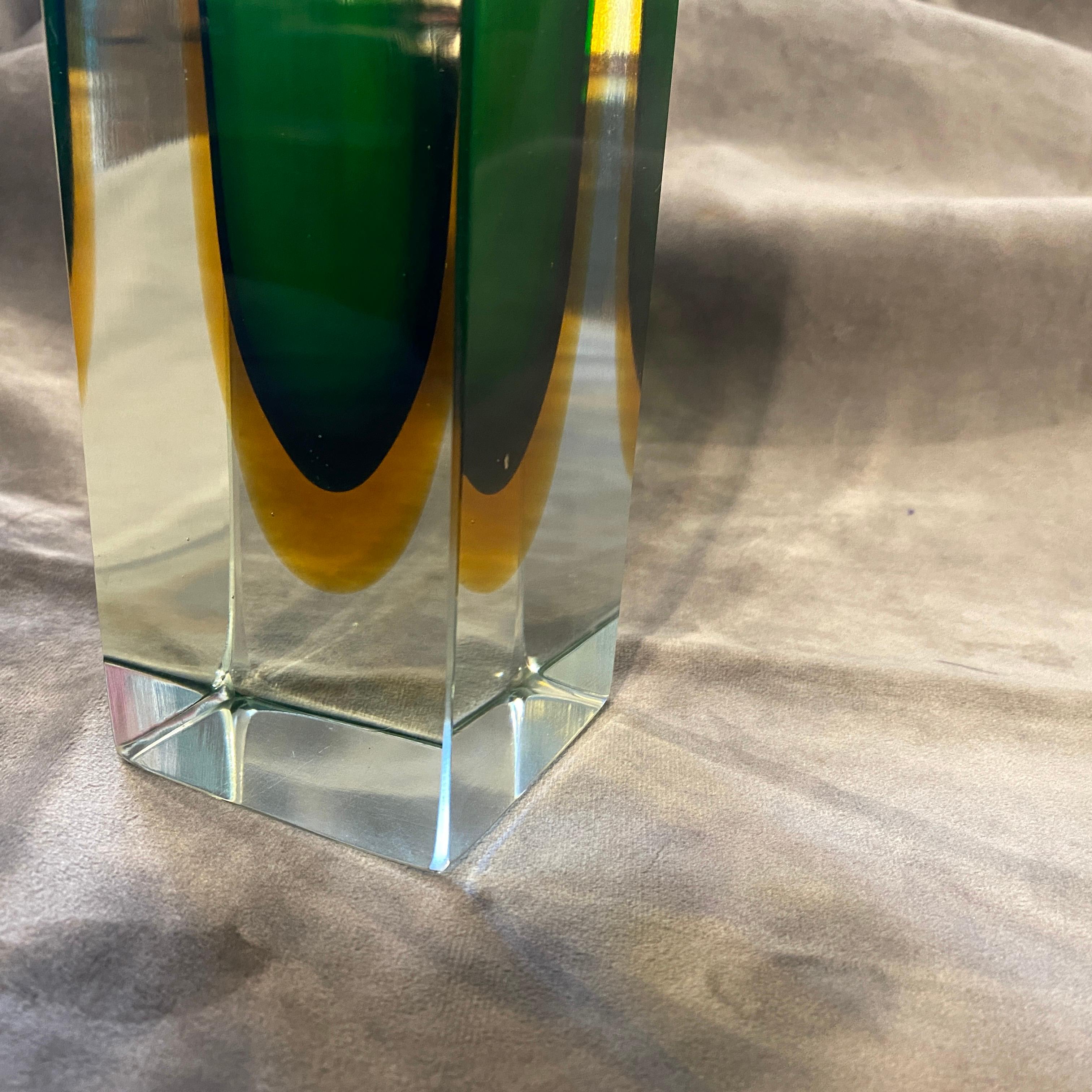 Hand-Crafted 1970s Iconic Green and Yellow Sommerso Murano Glass Vase by Mandruzzato