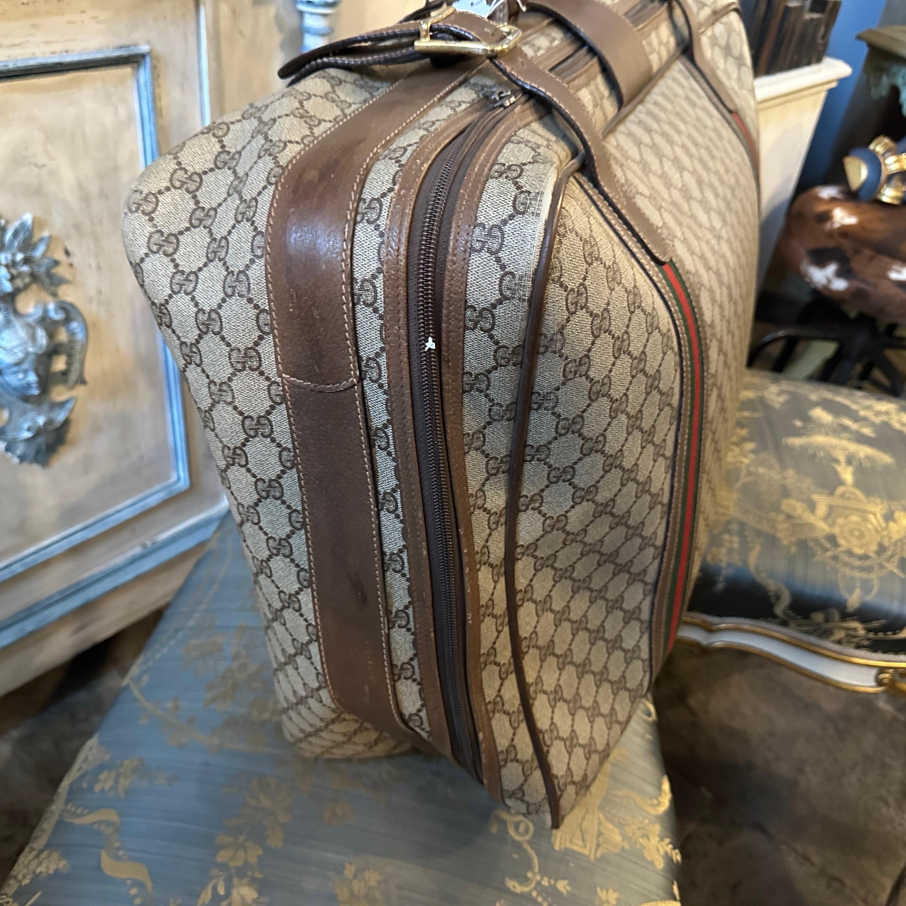 Brown 1970s Iconic Gucci GG Monogram Canvas and Web Stripes Suitcase For Sale