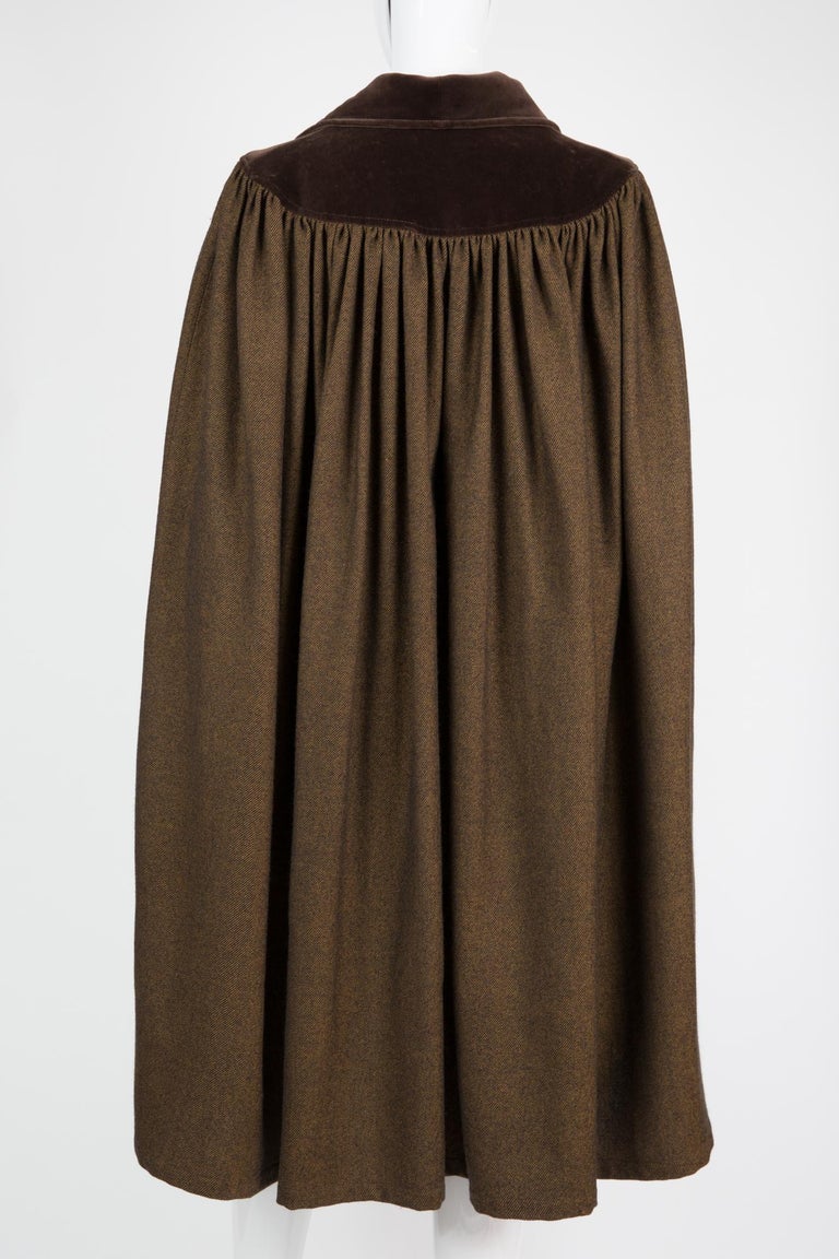 Black  1970s Iconic Yves Saint Laurent Brown Wool Velvet Cape For Sale