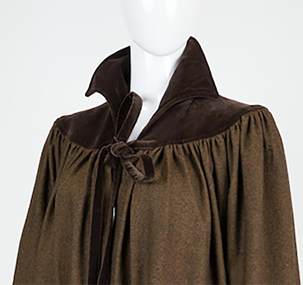Black  1970s Iconic Yves Saint Laurent Brown Wool Velvet Cape