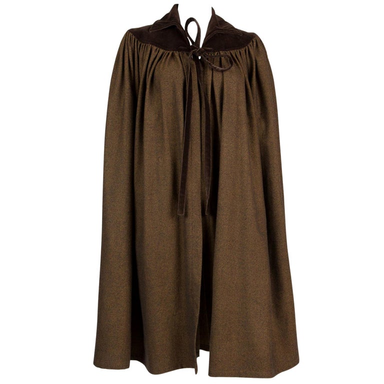  1970s Iconic Yves Saint Laurent Brown Wool Velvet Cape For Sale
