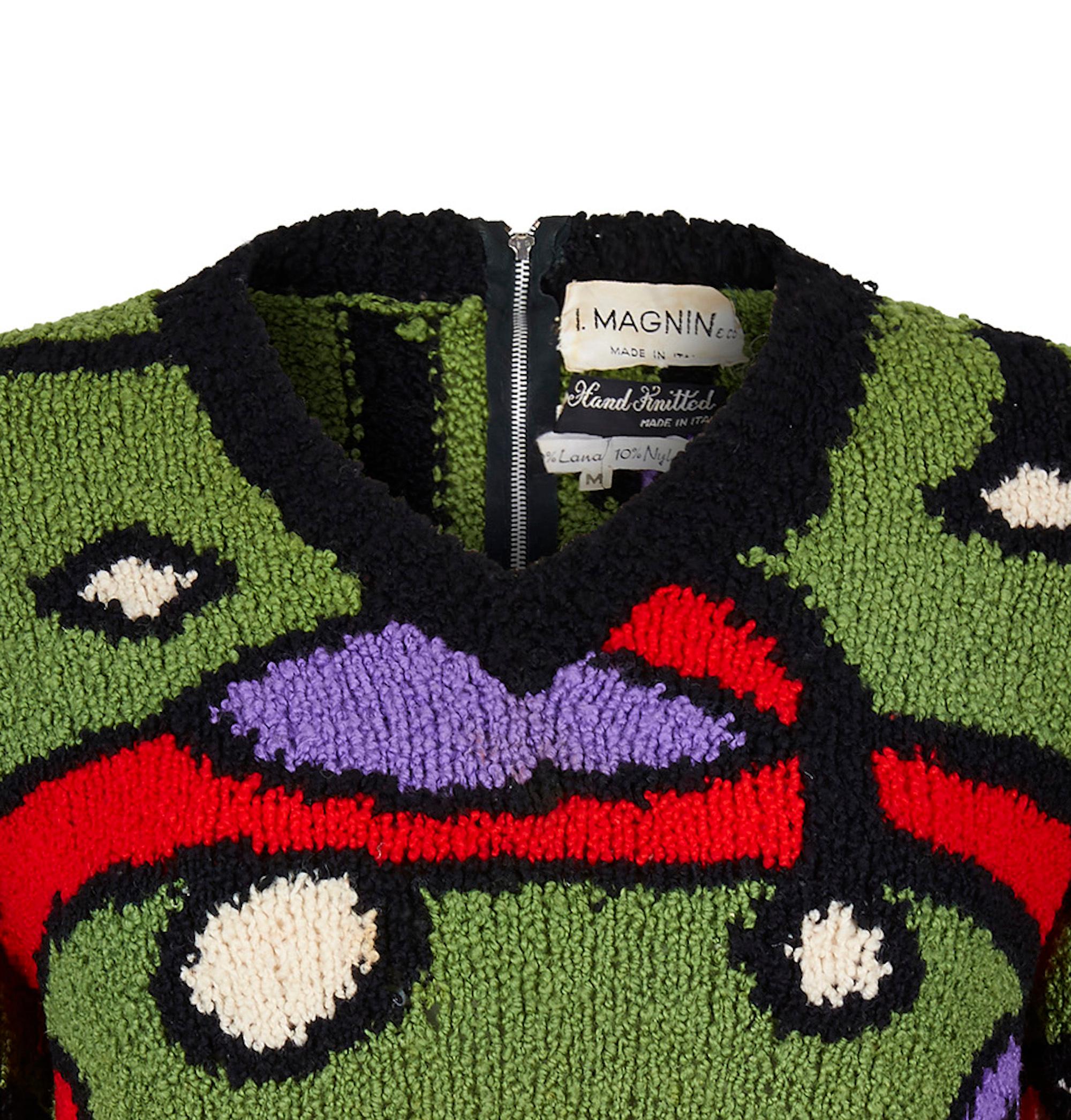 Black 1970s I.Magnin Hand Knitted Wool Sweater With Abstract Design For Sale