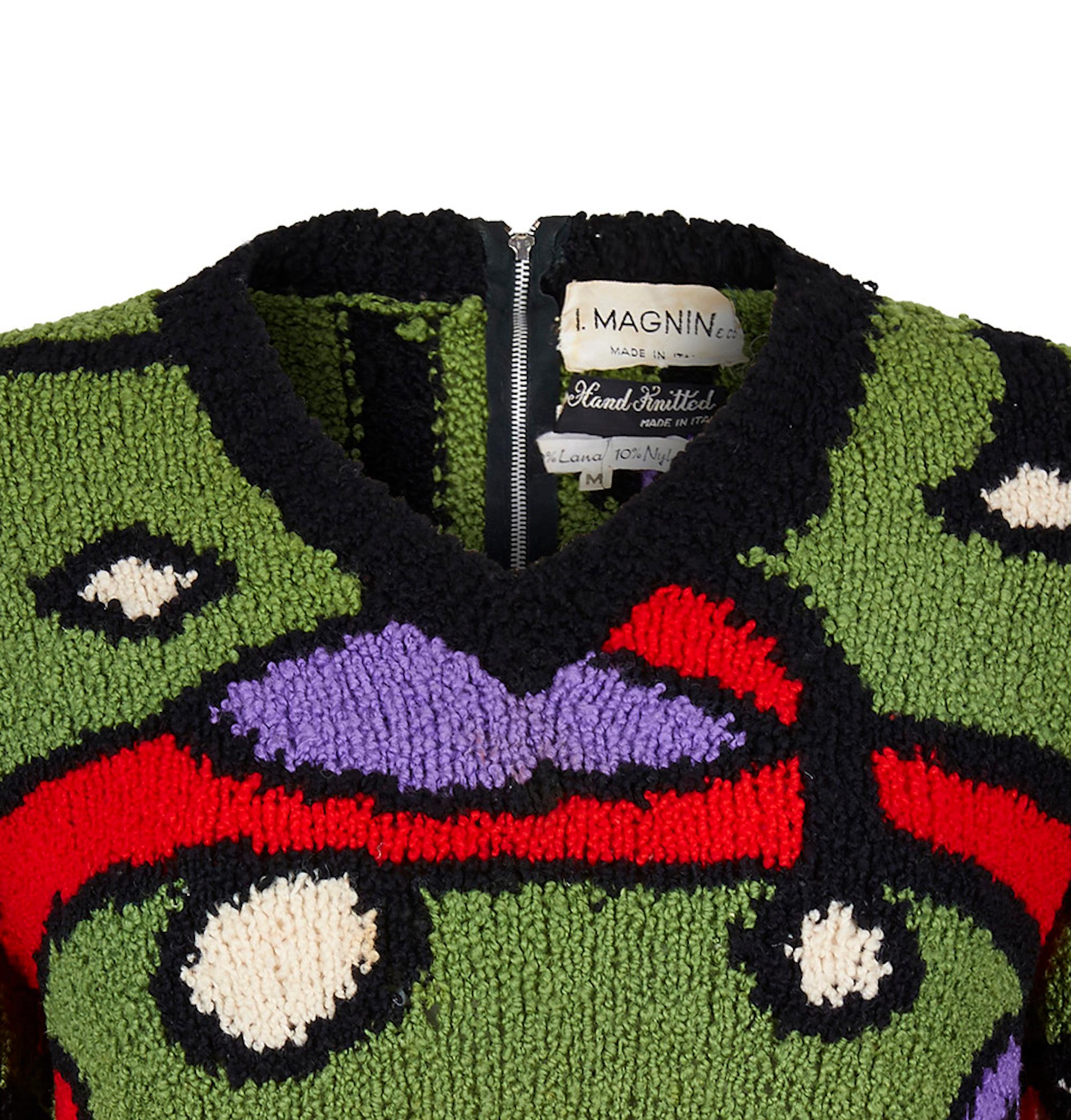 1970er I. Magnin Handgestrickter Wollpullover mit abstraktem Design (Schwarz) im Angebot