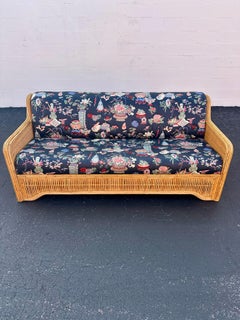 1970s Immaculate Quilted Chinoiserie Style Rattan Reed Sofa