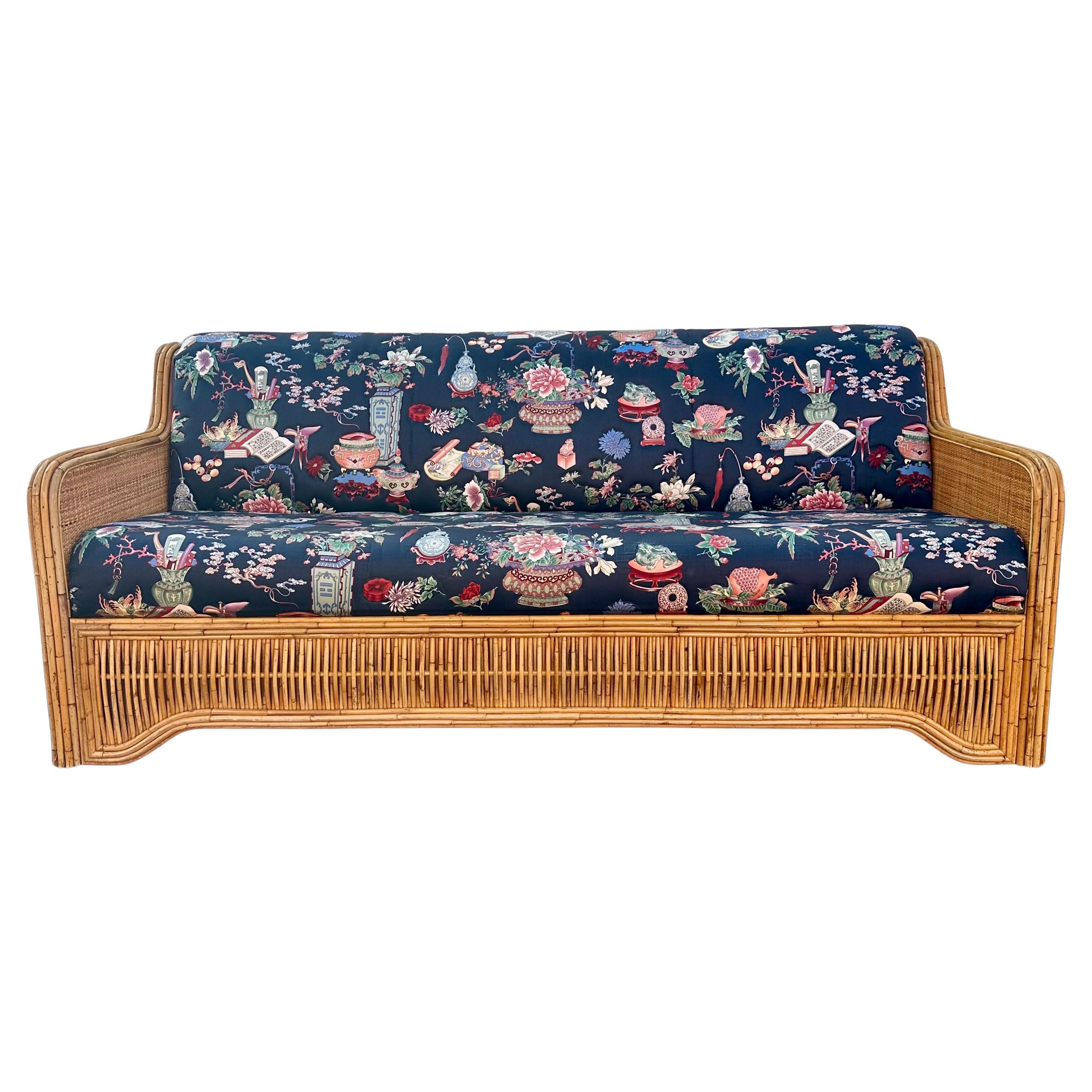 1970s Immaculate Quilted Chinoiserie Style Rattan Reed Sofa