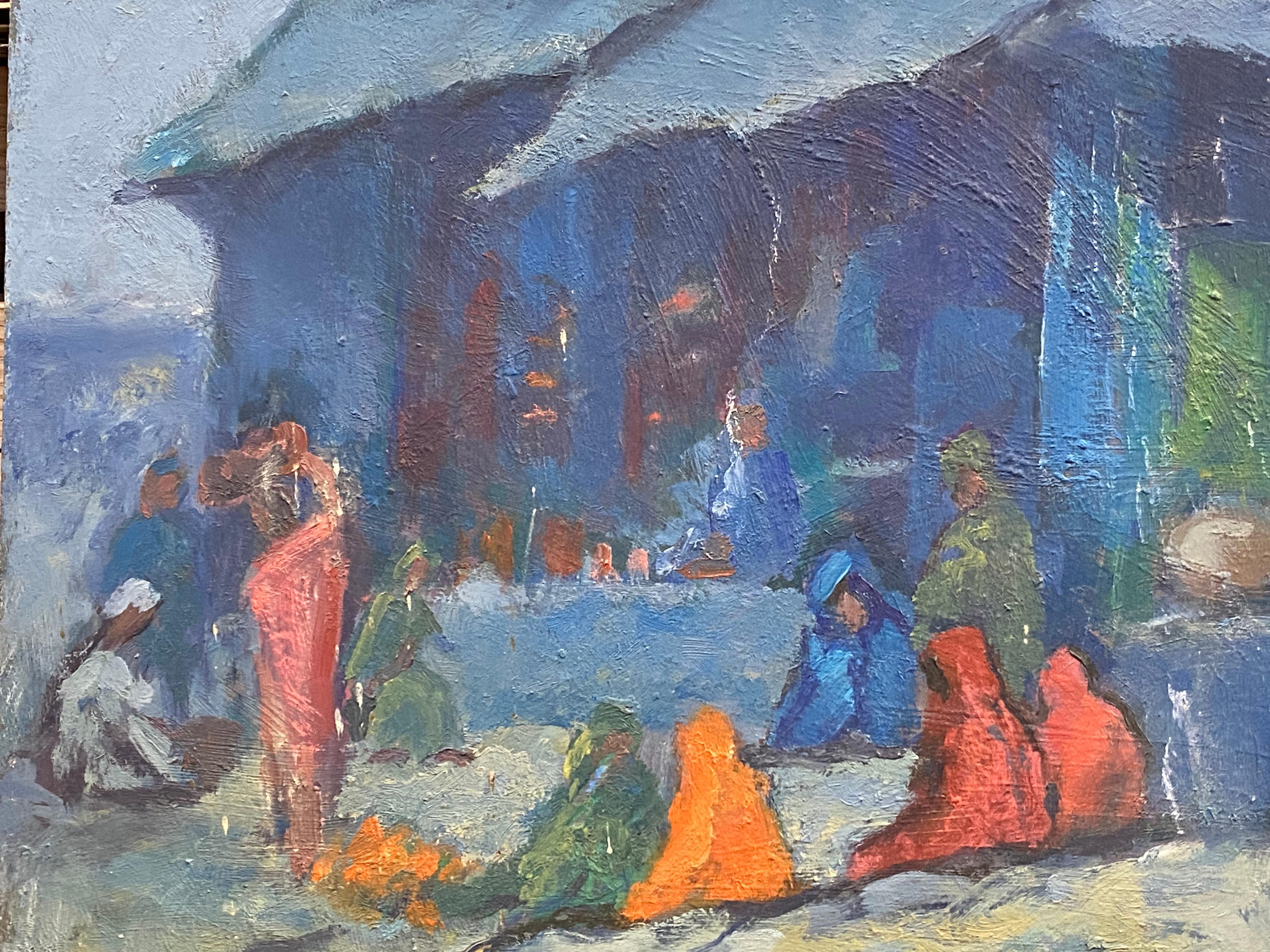 1970's Impressionist Oil Painting, Mount Abu Market Busy Figurative Scene In Good Condition For Sale In Cirencester, GB
