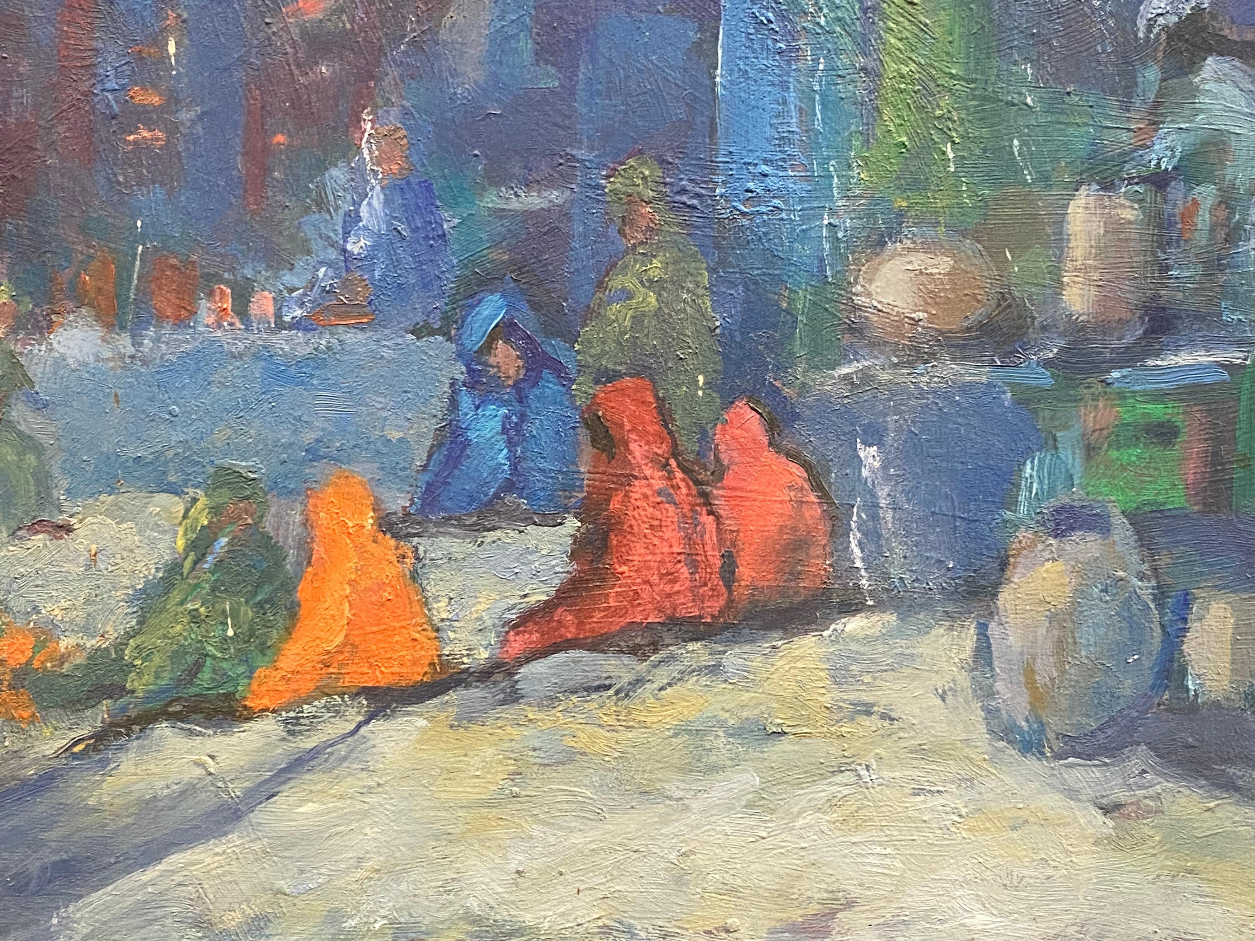 1970's Impressionist Oil Painting, Mount Abu Market Busy Figurative Scene For Sale 1