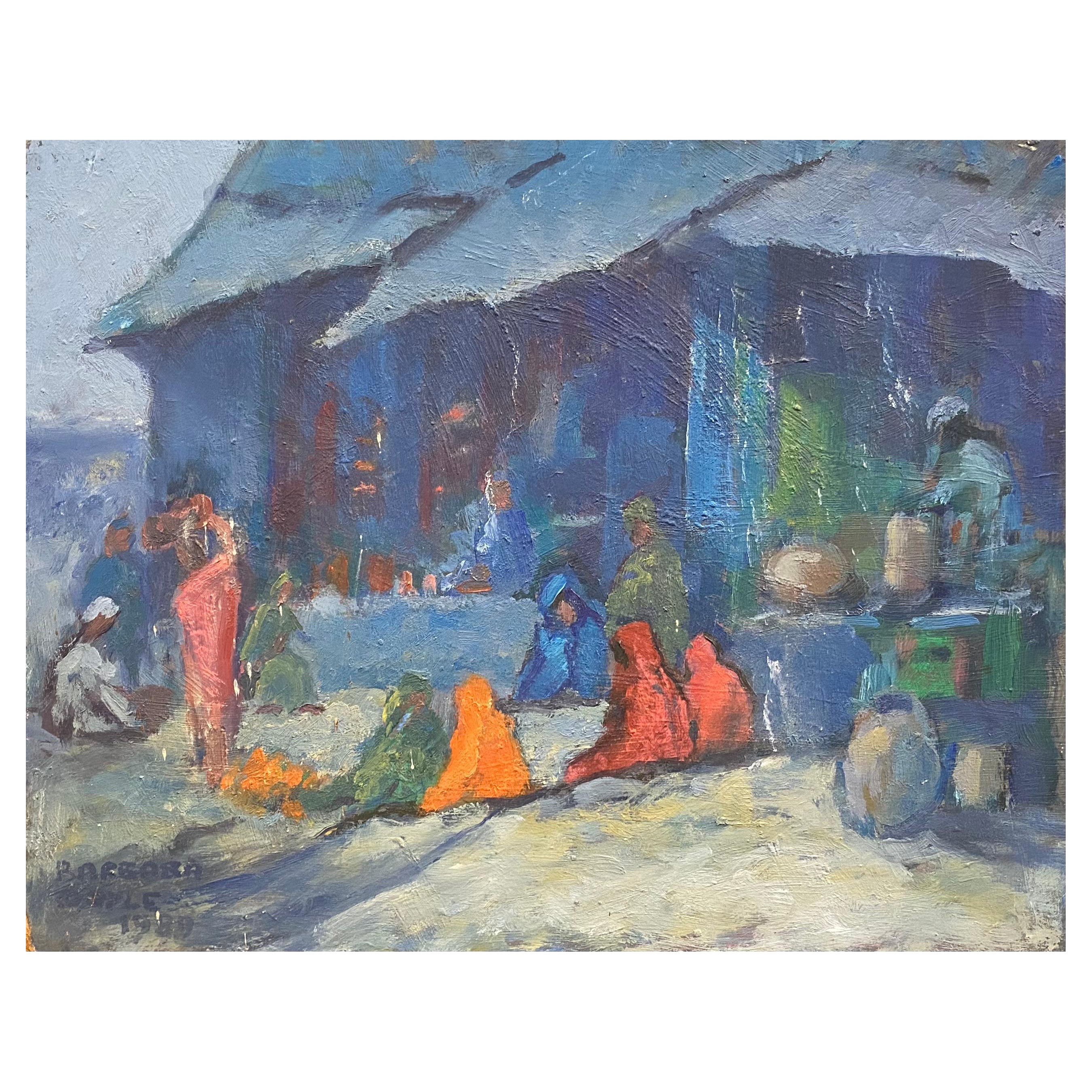 Impressionistisches Ölgemälde der 1970er Jahre, Busförmige figürliche Szene des Marktes in Abu im Angebot