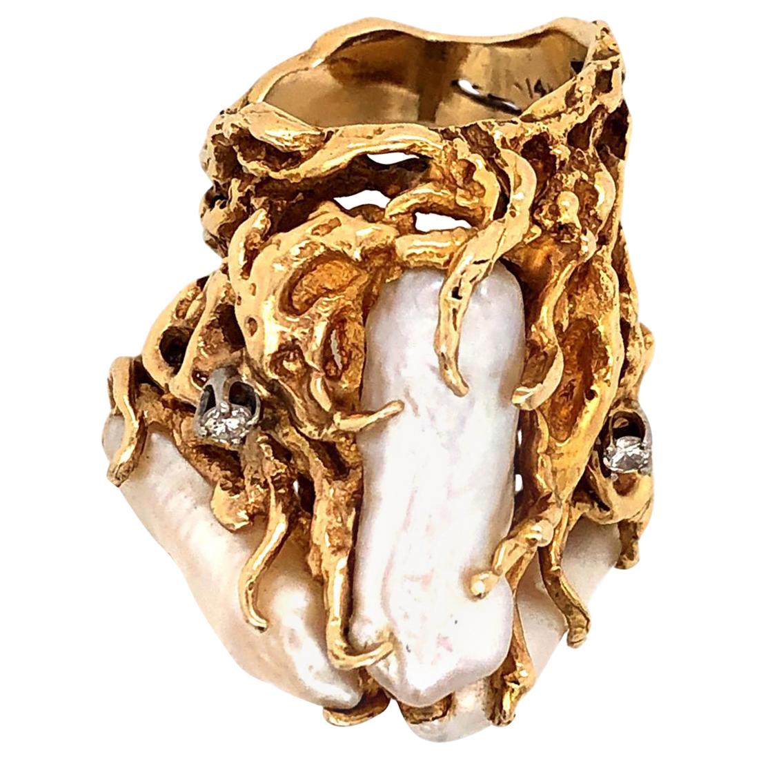 1970s Impressive Pearl and Diamond Statement Ring