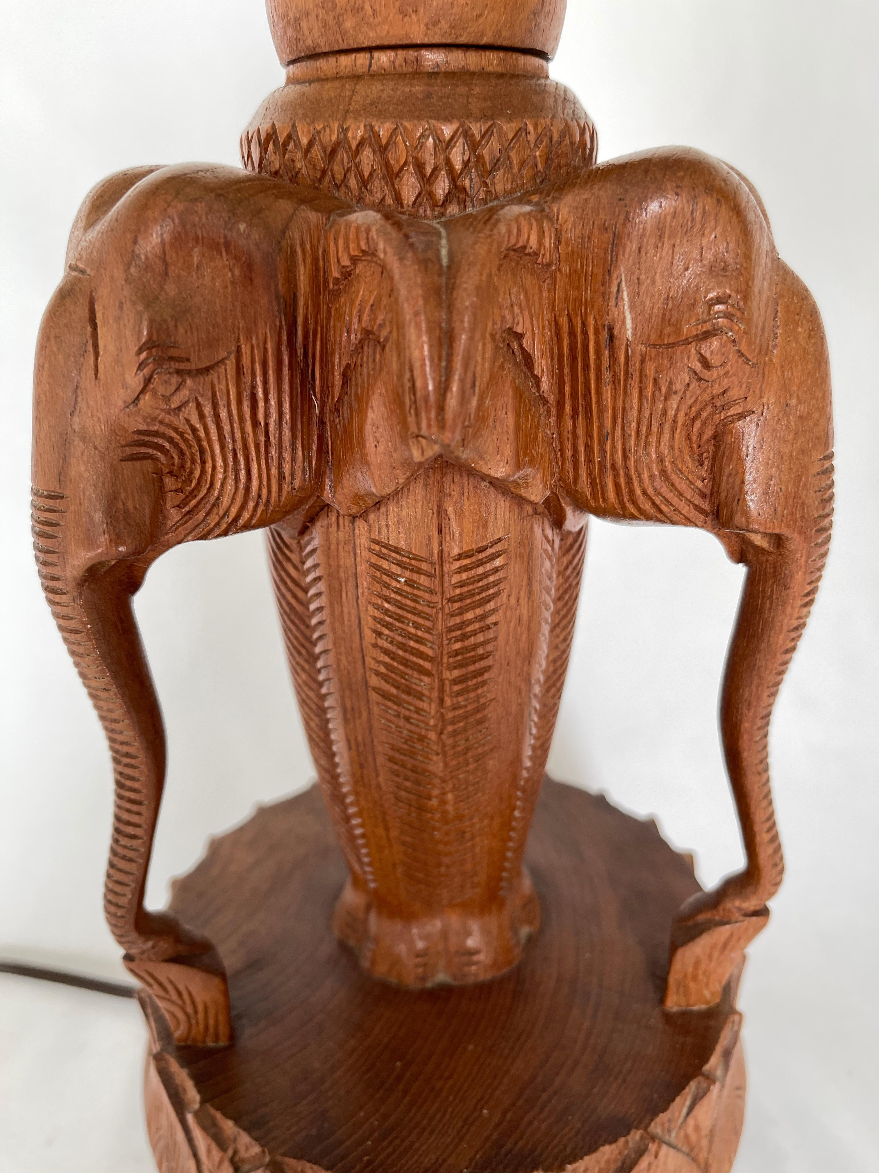 1970's Indian Carved Teak Wood Elephant Sculpture Lamp w/ Haitian Cotton Shade For Sale 5