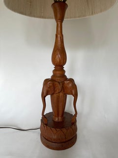 1970's Indian Carved Teak Wood Elephant Sculpture Lamp w/ Haitian Cotton Shade