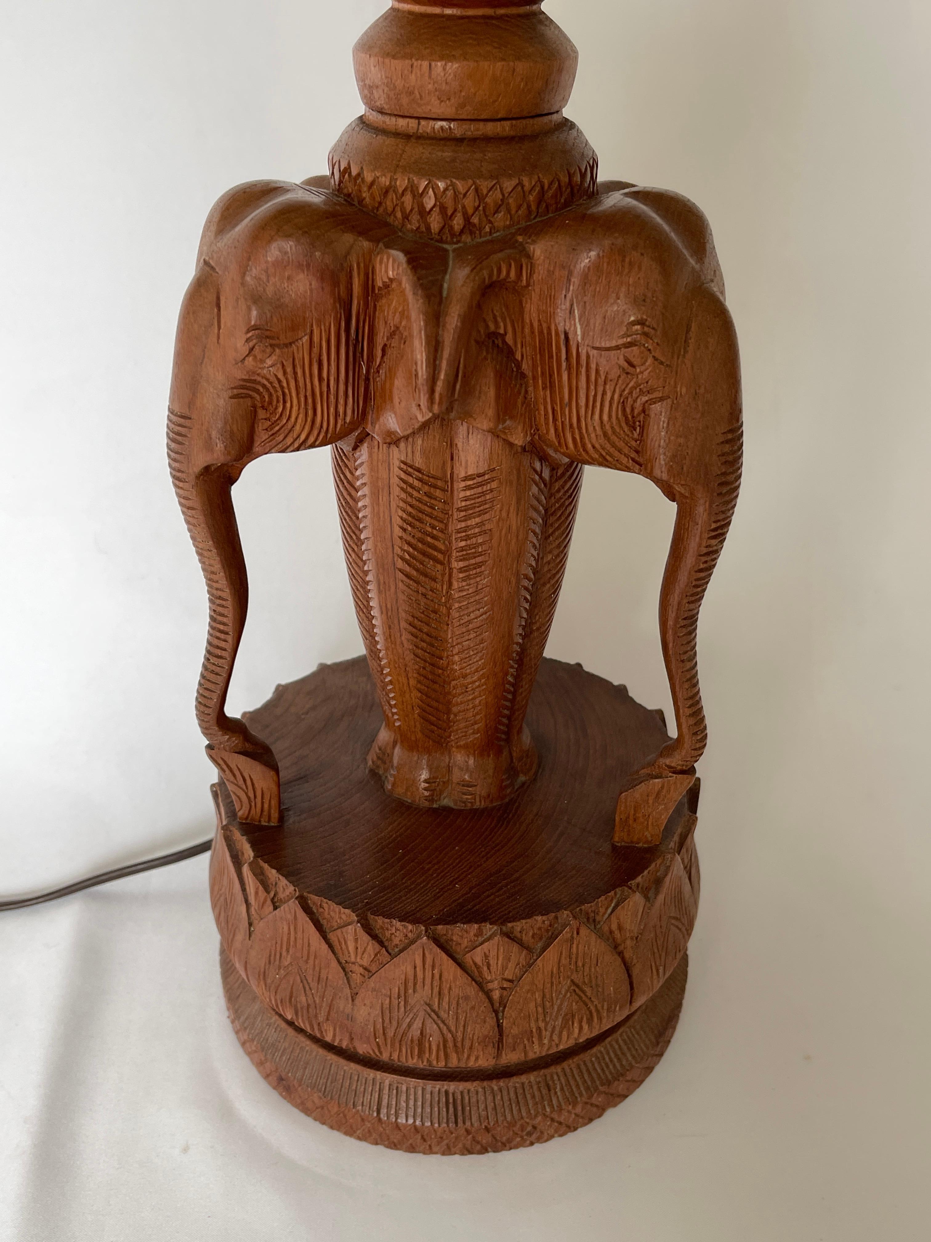 Anglo-Indian 1970's Indian Carved Teak Wood Elephant Sculpture Lamp w/ Haitian Cotton Shade For Sale