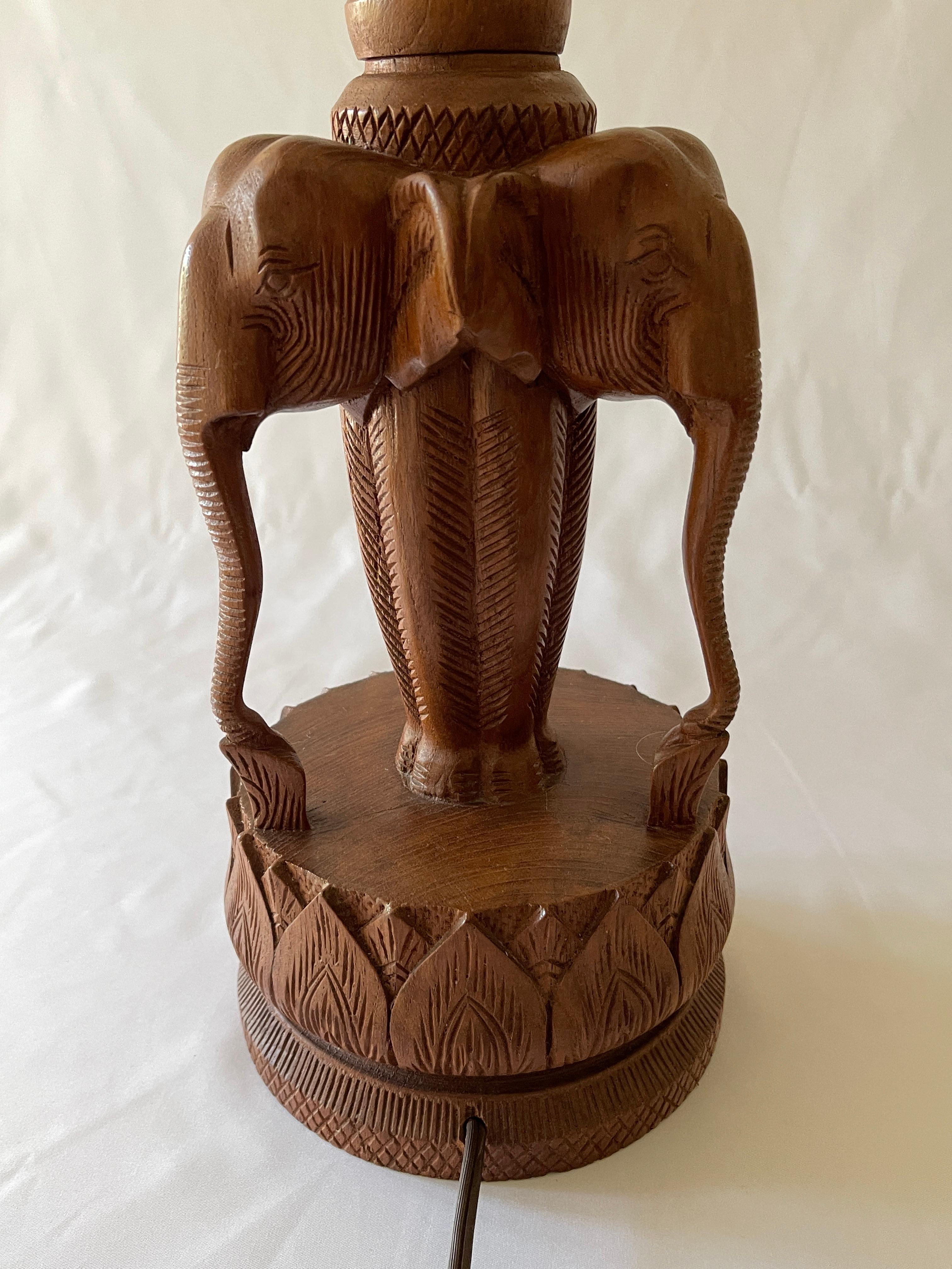 Hand-Carved 1970's Indian Carved Teak Wood Elephant Sculpture Lamp w/ Haitian Cotton Shade For Sale