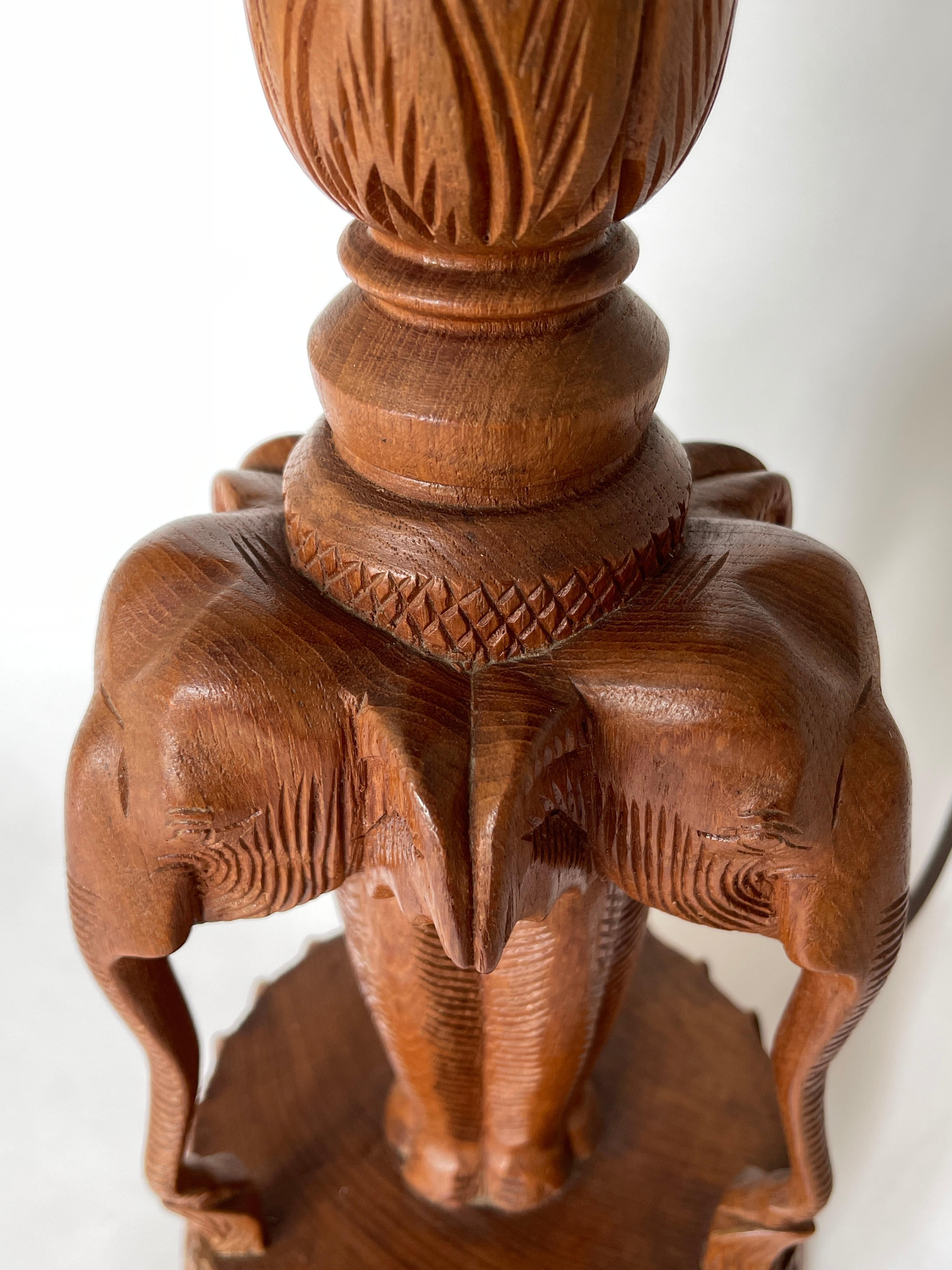 1970's Indian Carved Teak Wood Elephant Sculpture Lamp w/ Haitian Cotton Shade In Good Condition For Sale In New York, NY