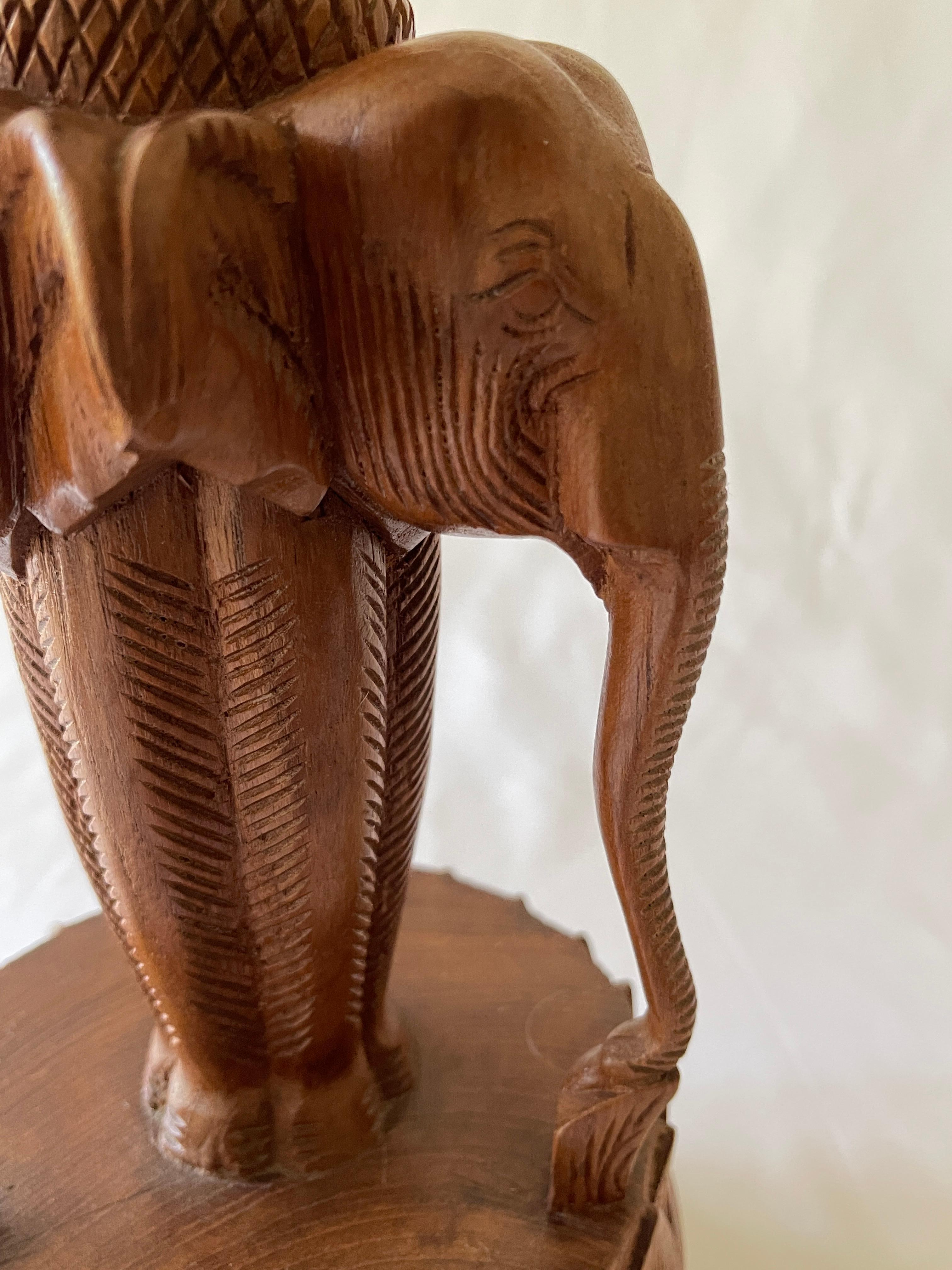 20th Century 1970's Indian Carved Teak Wood Elephant Sculpture Lamp w/ Haitian Cotton Shade For Sale