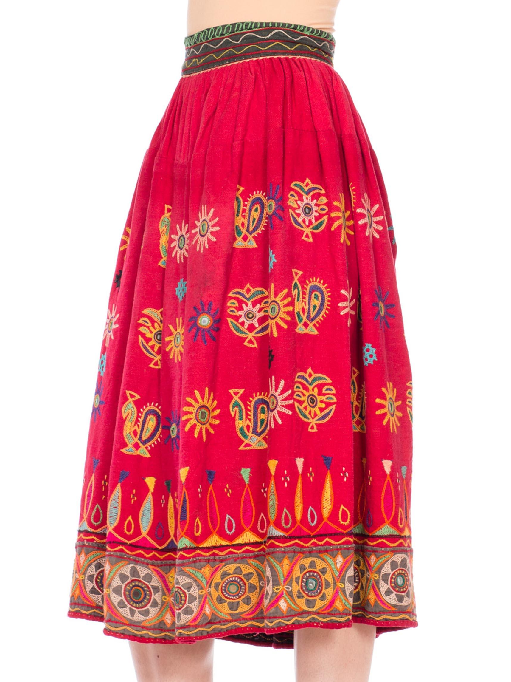 Red 1970S Indian Cotton Hand Embroidered Skirt With Glass Mirrors